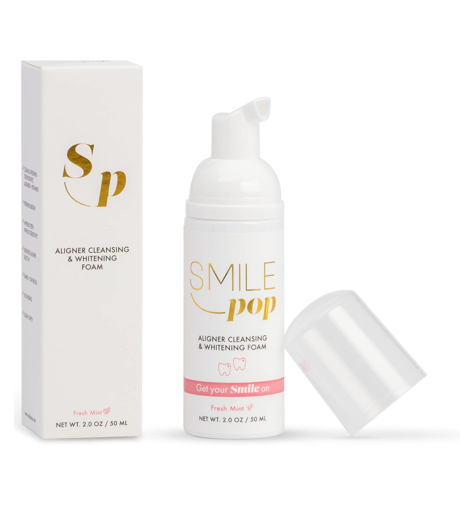 Smile Pop Mint Aligner Cleaner & Whitener Foam - Hydrogen Peroxide Retainer Cleaner for Invisalign, Dentures, Essix Trays - Fights Bad Breath, Brightens Teeth, Kills Germs - Buy Online on GoSupps.com