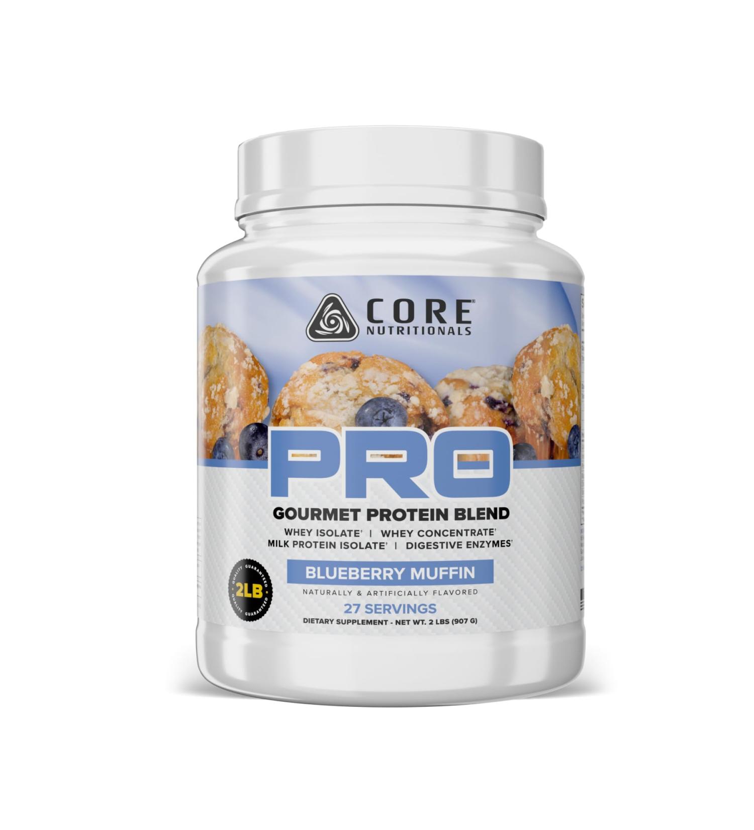 Core Nutritionals Pro Sustained Release Whey Protein Blend | with Digestive Enzymes | 25g Protein 2g Carbs | No Fillers | 2 Pound (Blueberry Muffin)