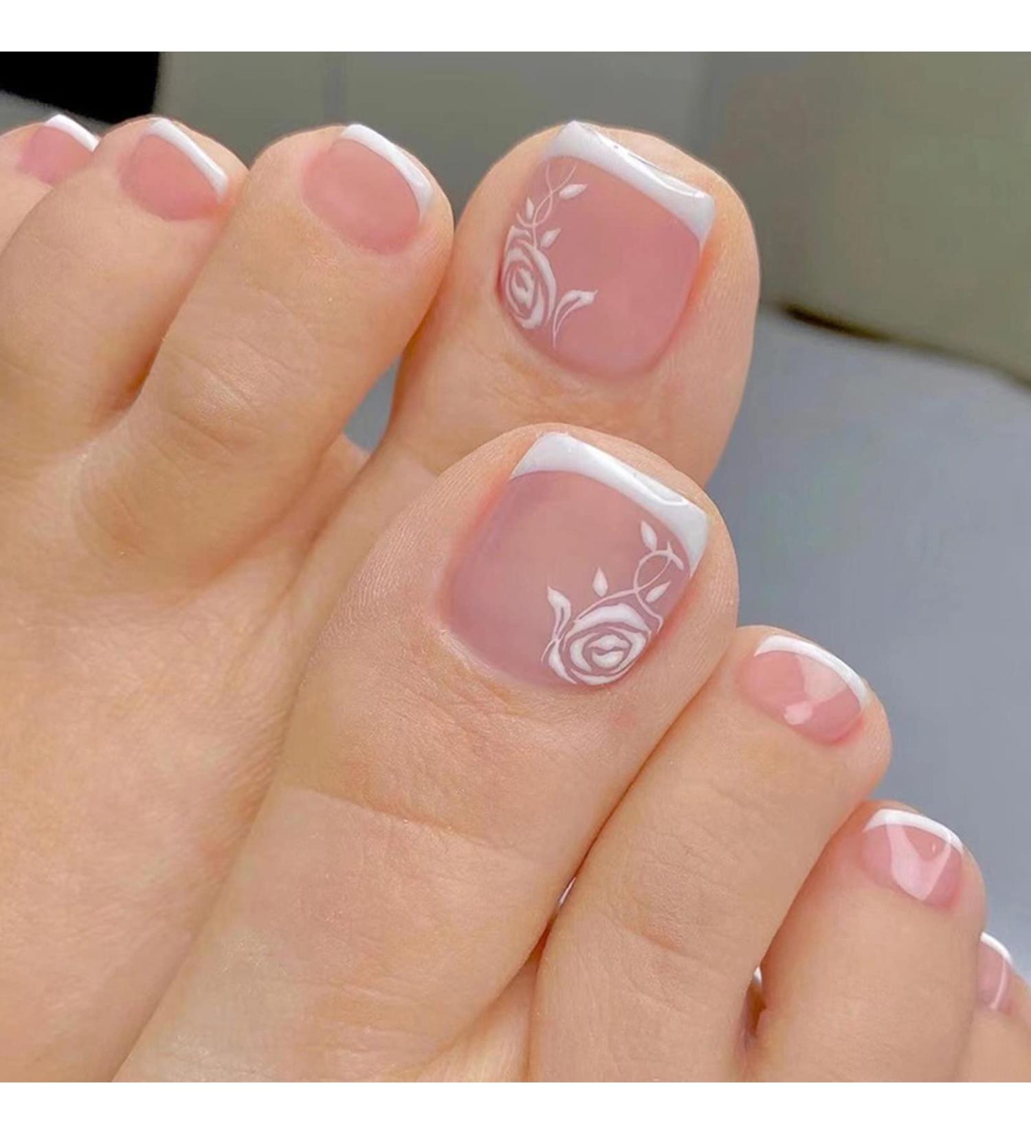 RODAKY Square French White Border Flower Toenail Art - 24Pcs Fake Nail Tips for Women - Buy Online on GoSupps.com