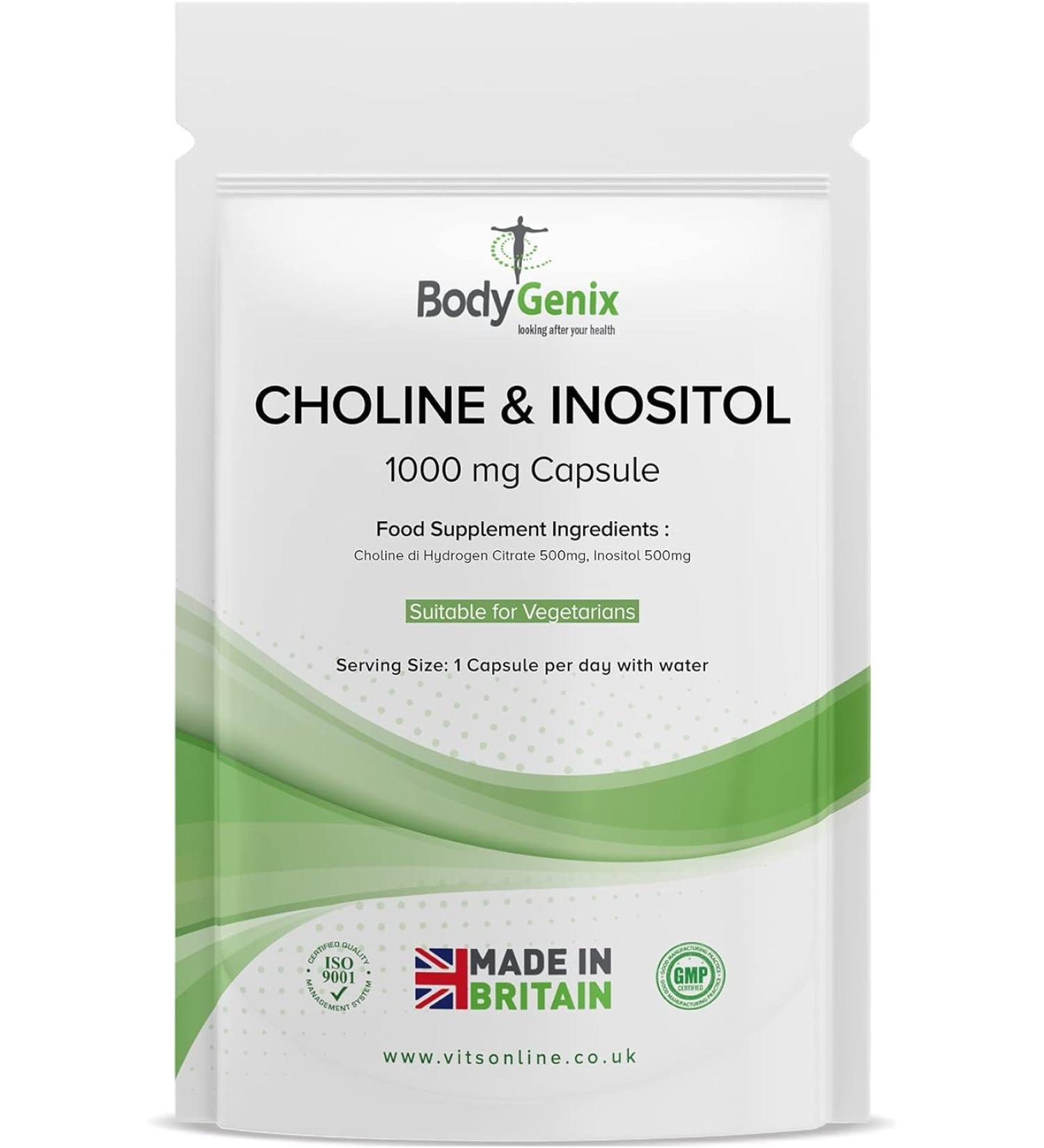 Bodygenix Choline & Inositol 1000mg Capsules - Brain Health & Mood Supplement | 30 Capsules, 1 Month Supply - Buy Online on GoSupps.com