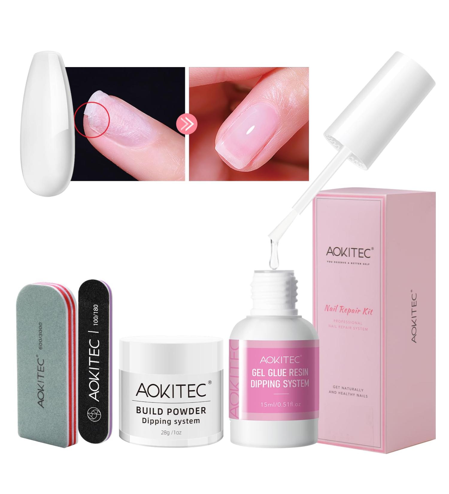 Aokitec 28 g Dipping Build Powder Nails Set with Repair Glue Nail Building Powder for Broken Cracked Spilled Weak Nails Nail care products Quick Air Dry 01 Clear Powder - Buy Online on GoSupps.com