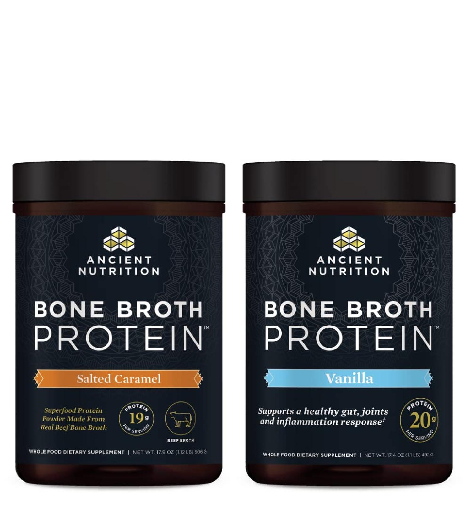Ancient Nutrition Beef Bone Broth Protein Powder Salted Caramel 20 Servings + Bone Broth Protein Powder Vanilla 20 Servings - Buy Online on GoSupps.com