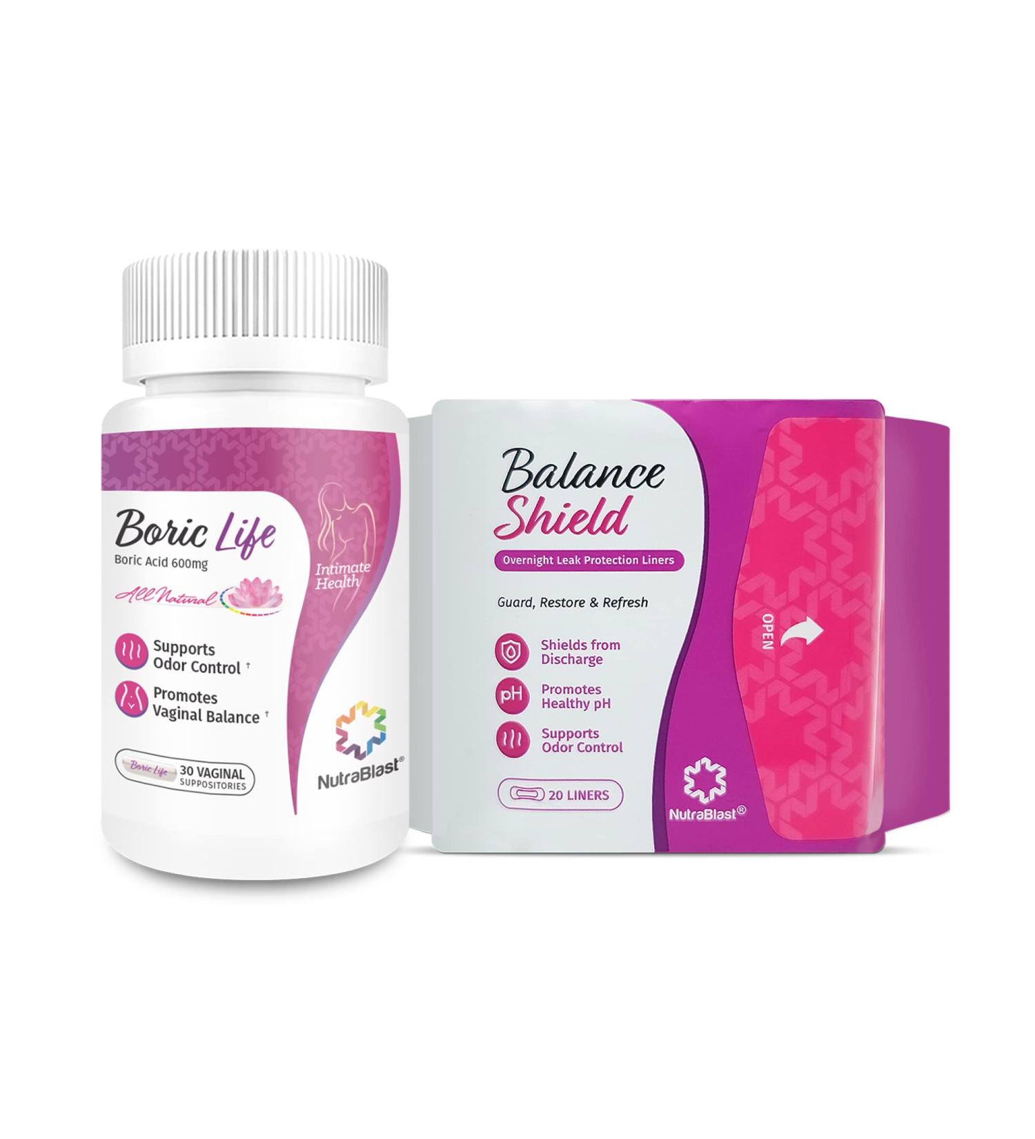 NutraBlast Boric Acid Vaginal Suppositories 600mg (30 Count) + Balance Shield Panty Liners | Discharge & Odor Control | Charcoal-Infused Bamboo pH Balanced Core - Buy Online on GoSupps.com