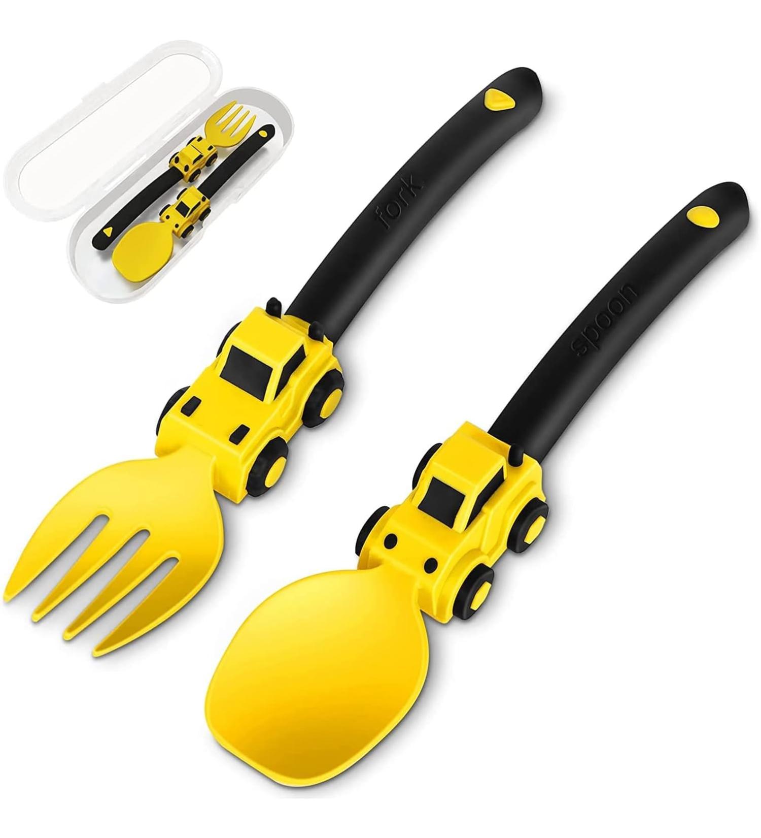 Silicone Baby Cutlery Set - 2-Part Spoon & Fork for 6+ Months - Baby Led Weaning Accessories with Storage Box (Yellow) - Buy Online on GoSupps.com