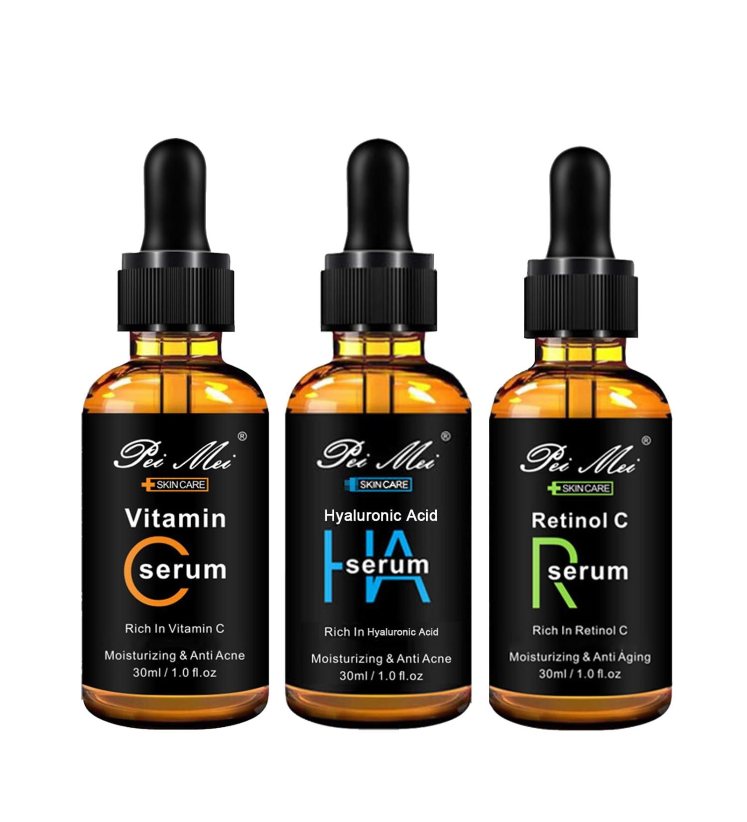3 Pack Face Serum Set - Retinol Vitamin C & Hyaluronic Acid - Korean Anti-Aging Skin Care for Women - Firming & Hydrating - Buy Online on GoSupps.com