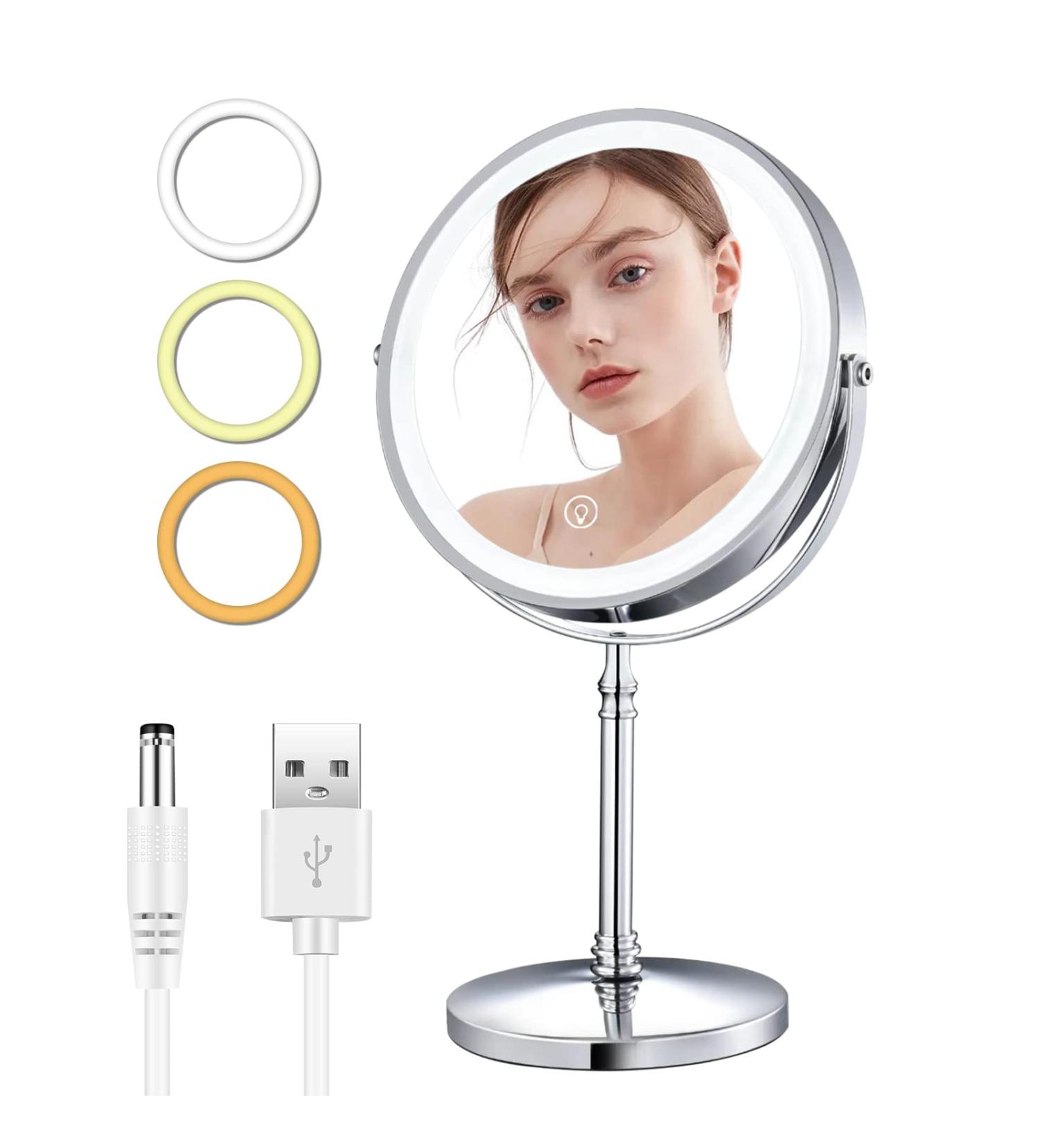 8'' Rechargeable Lighted Makeup Vanity Mirror with 1X/10X Magnification - Touch Sensor Dimming, 3 Colors, 360 Rotation - Cordless - Buy Online on GoSupps.com
