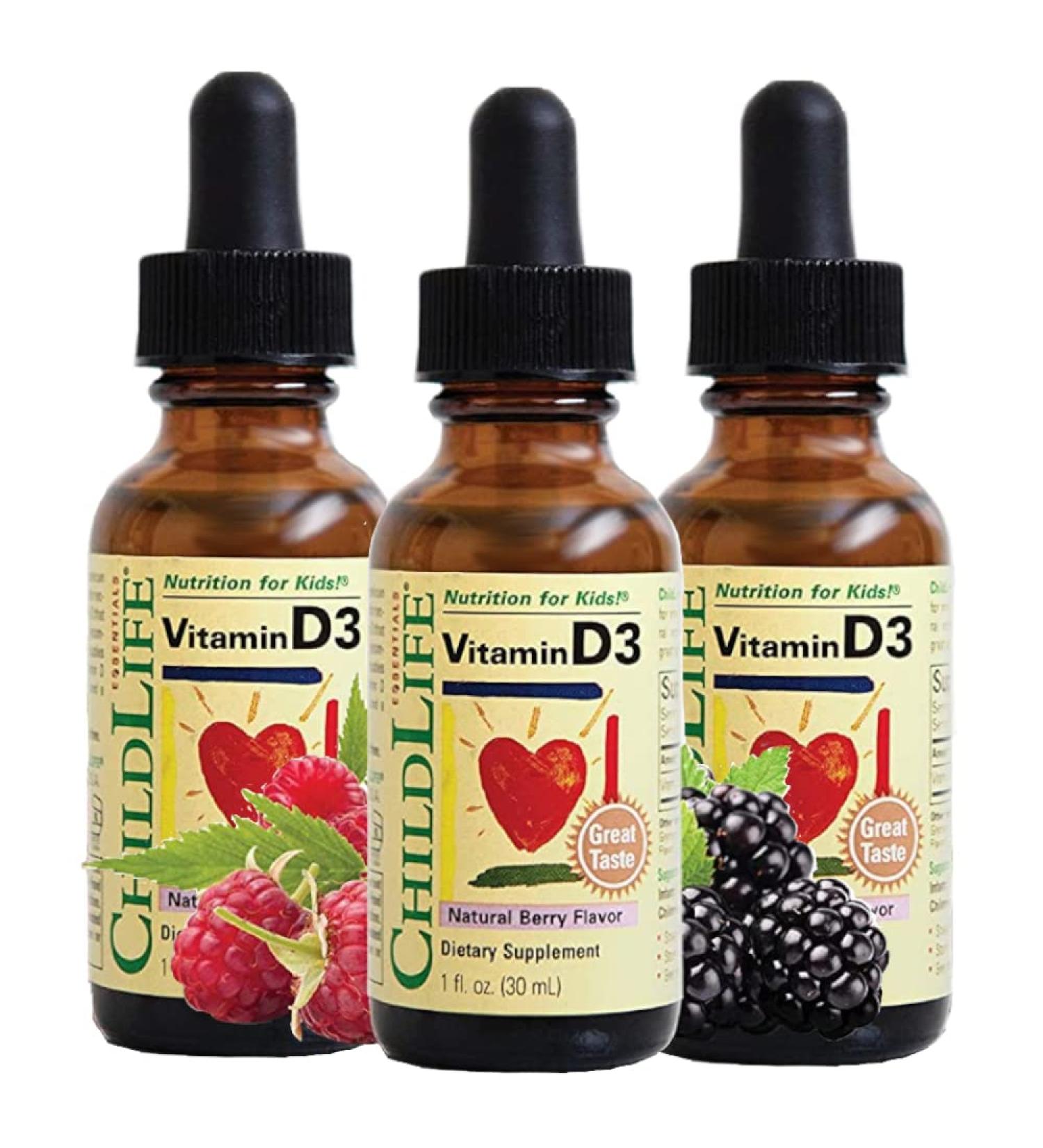 CHILDLIFE ESSENTIALS Vitamin D3 Drops - Vitamin D Drops for Infants, Baby Vitamin D Drops, Liquid Vitamin D for Kids, Toddlers 1-3, Children, 500 IU Per Serving - Natural Berry, 1 Fl Oz (Pack of 3) - Buy Online on GoSupps.com