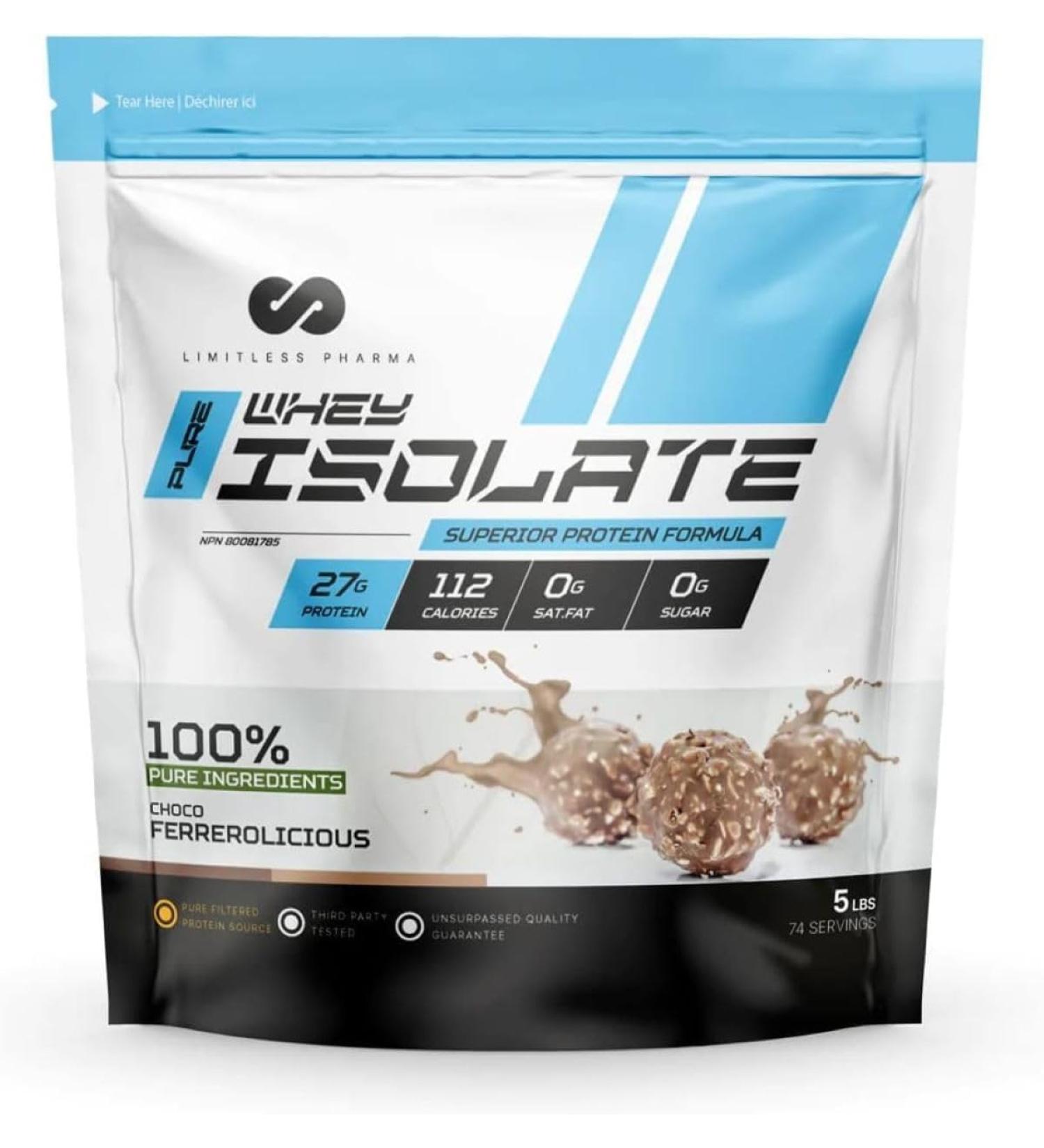 Limitless Pharma Pure Whey Isolate | High Protein Whey Isolate Protein Powder | 27g Protein 6g BCAAs Sugar Free Gluten Free Low Carb Low Lactose | 74 Servings 5LB (Ferrerolicious) Ferrerolicious 5LB - Buy Online on GoSupps.com