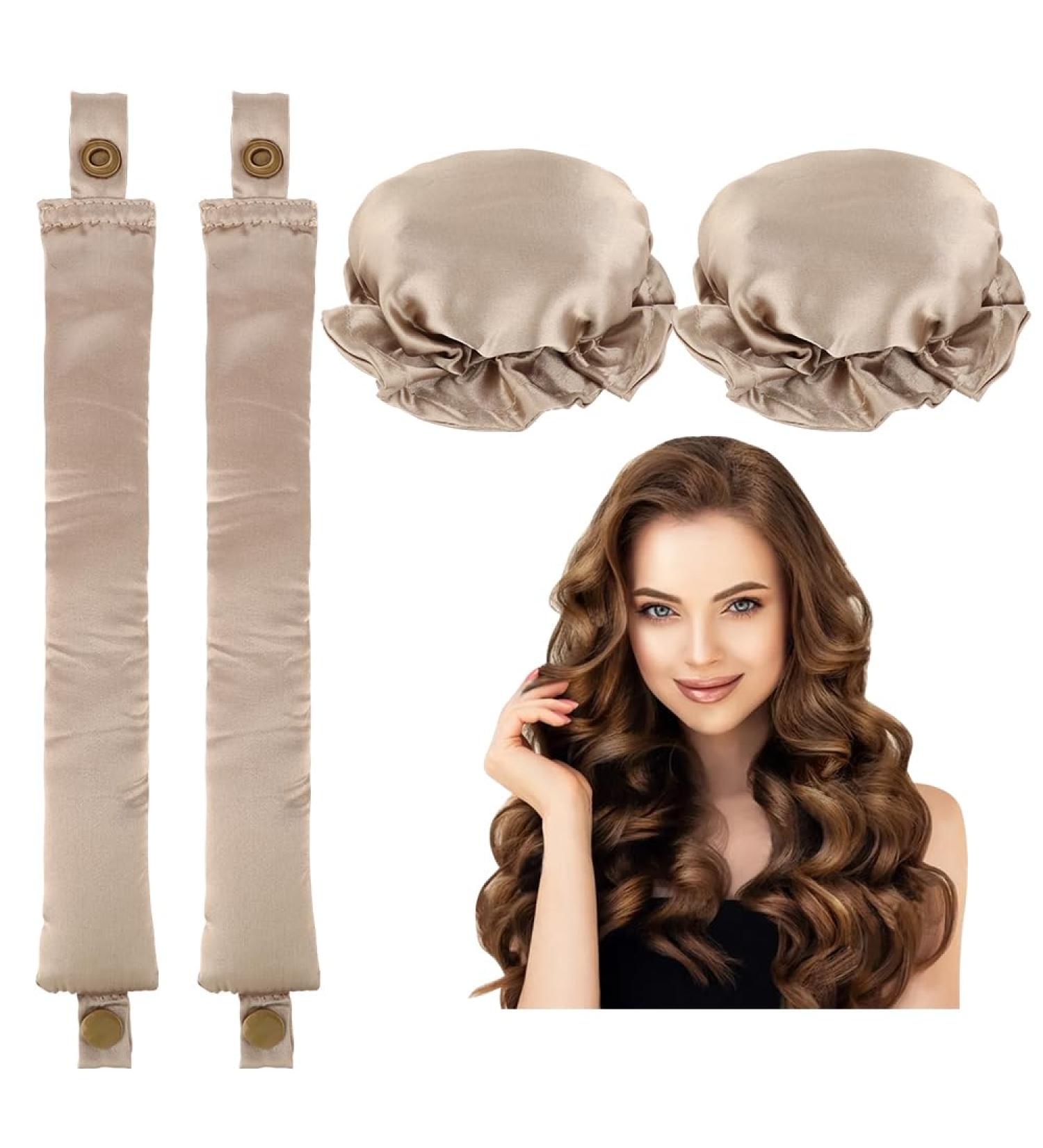 2PCS Satin Heatless Hair Curler Set - Champagne | No Heat DIY Overnight Lazy Curlers for Heatless Curls with Hairnet Headband - Hair Styling Tool - Buy Online on GoSupps.com