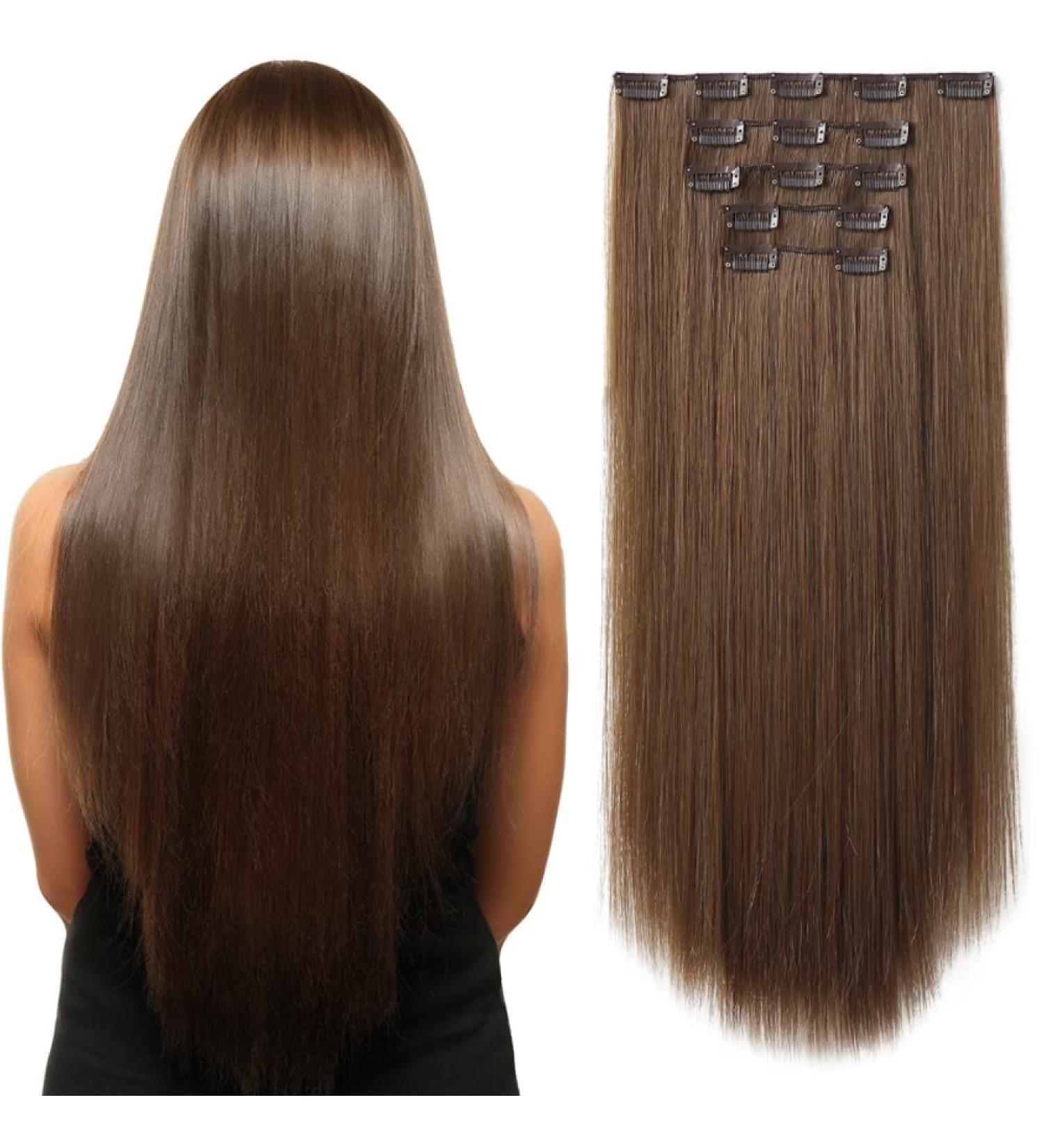 Brown Chestnut Clip in Hair Extensions - 22 Inch Synthetic 5PCS Set for Women - Halloween Hairpiece for Natural Thick Hair - Golden Copper Highlights - Full Head Coverage - Long Straight Style - Buy Online on GoSupps.com