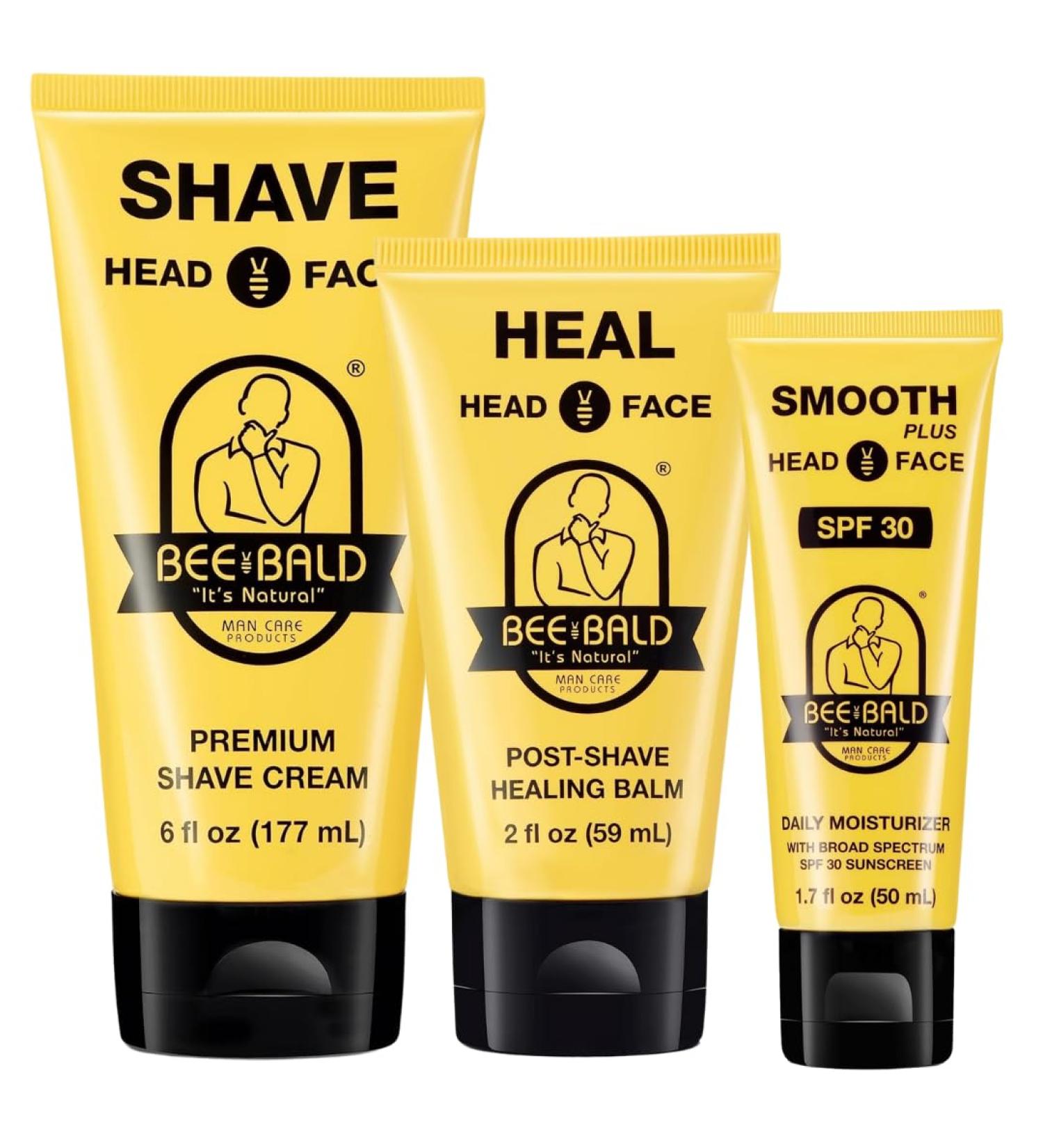 Bee Bald 3-Pack with SMOOTH PLUS Daily Moisturizer with SPF 30 HEAL Post-Shave Healing Balm and SHAVE Premium Shaving Cream - Buy Online on GoSupps.com