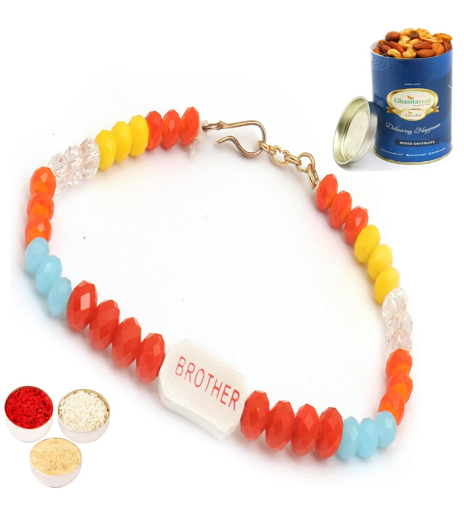 Rakhi for Brother Rakhis Online AA0001 - Multicolour Bracelet Rakhi with 100 GMS of Dryfruits Mix Can Rakhi Set with 100 gms of Dryfruits Mix Can - Buy Online on GoSupps.com