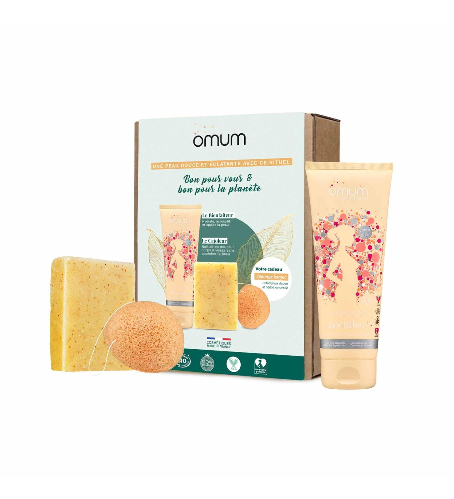 OMUM - Soft and Radiant Skin Gift Box 3 organic treatments: 1 Cajoleur soap + 1 Beneficent body milk + 1 Konjac Face sponge Ma Bonne F e - Natural France Vegan Compatible with pregnancy and breastfeeding - Buy Online on GoSupps.com