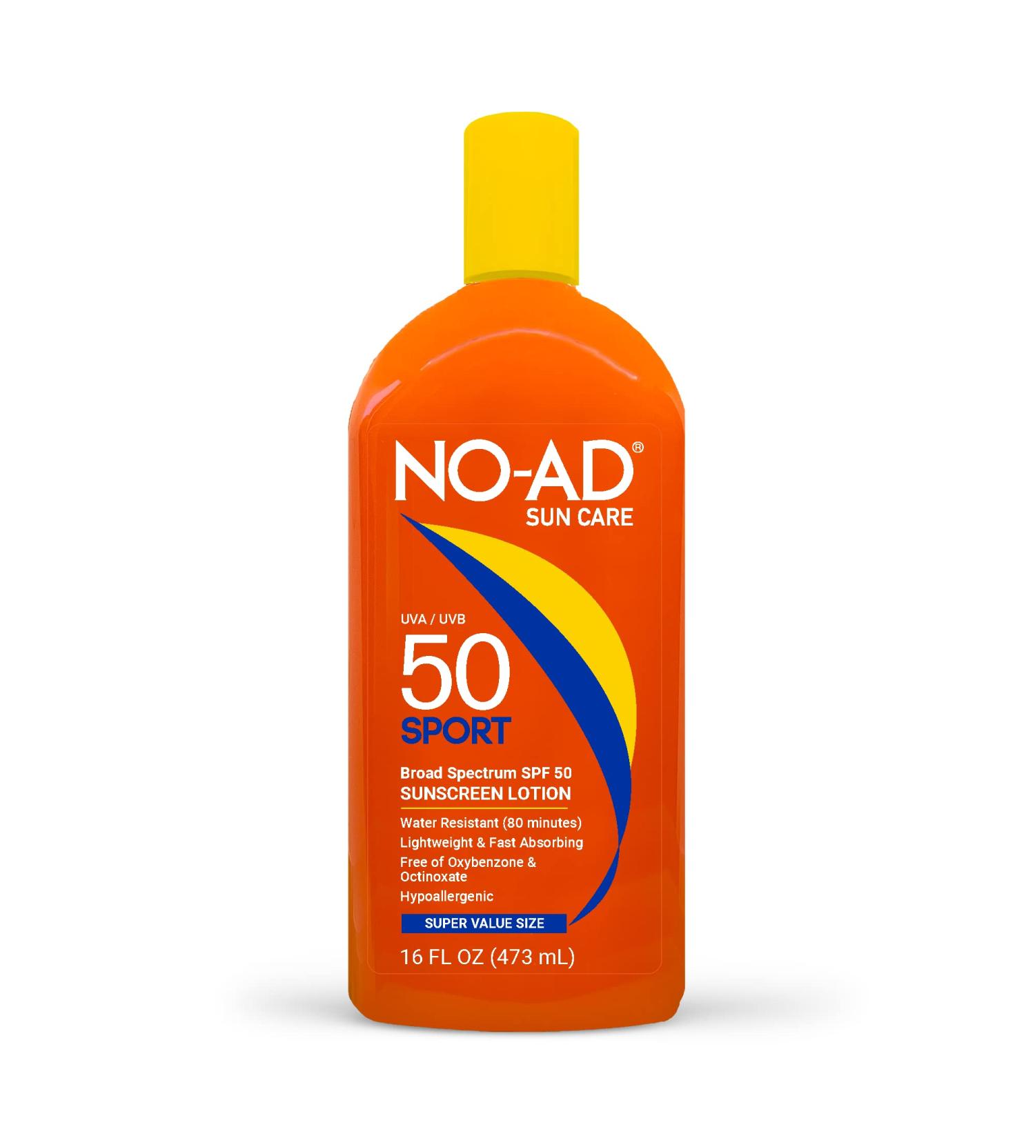 NO-AD SPF 50 SPORT Sunscreen Lotion | Hypoallergenic, Broad Spectrum UVA/UVB Protection | Water Resistant 16oz - Buy Online on GoSupps.com