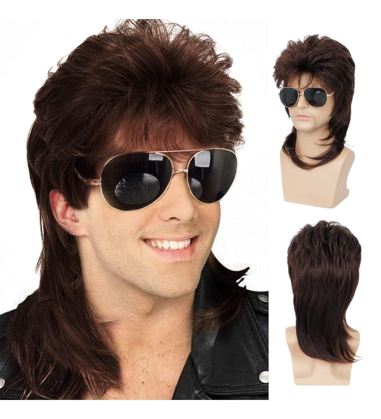 Qnbiar Mens Mullet Wig - Brown Curly 70s 80s Cosplay & Halloween Costume - Retro Disco Punk Rocker Wig - Buy Online on GoSupps.com