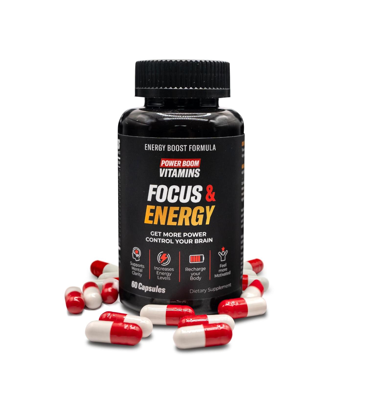 Power Boom Focus & Energy Brain & Mental Performance Supplement | Natural Formula with Ginkgo Biloba Ashwagandha Guarana & Bacopa | Caffeine-Free Energy | 60 Vegan Capsules - Buy Online on GoSupps.com