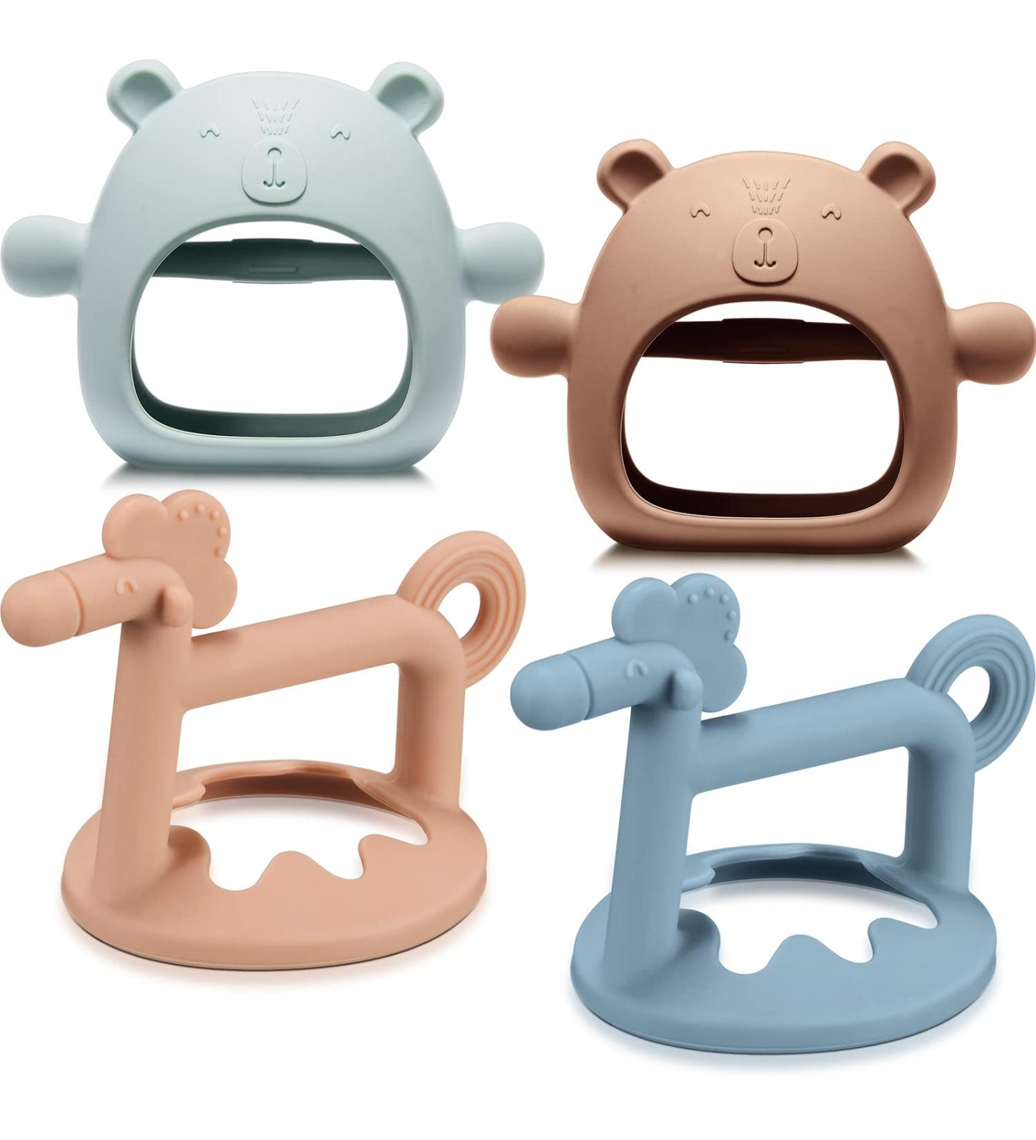 Silicone Bear Teething Toys Set - Anti-Drop Baby Teether Pacifier for Pain Relief and Chewing Needs - 4 Pieces (Blue, Caramel, Pink) - Buy Online on GoSupps.com
