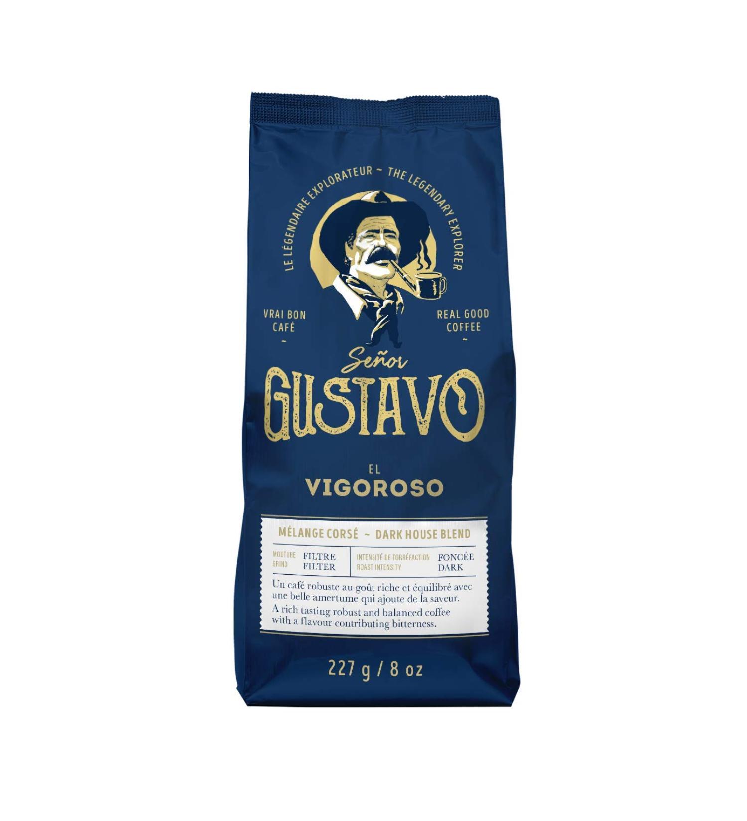 Caf Senor Gustavo El Vigoroso Dark House Blend Dark Roast Ground Coffee Robust Balanced Coffee with a Hint of Bitter Taste Kosher Certified South Central America Sourced Arabica Coffee Beans - 227g El Vigoroso - Dark House Blend 227 g (Pack of 1) - Buy Online on GoSupps.com