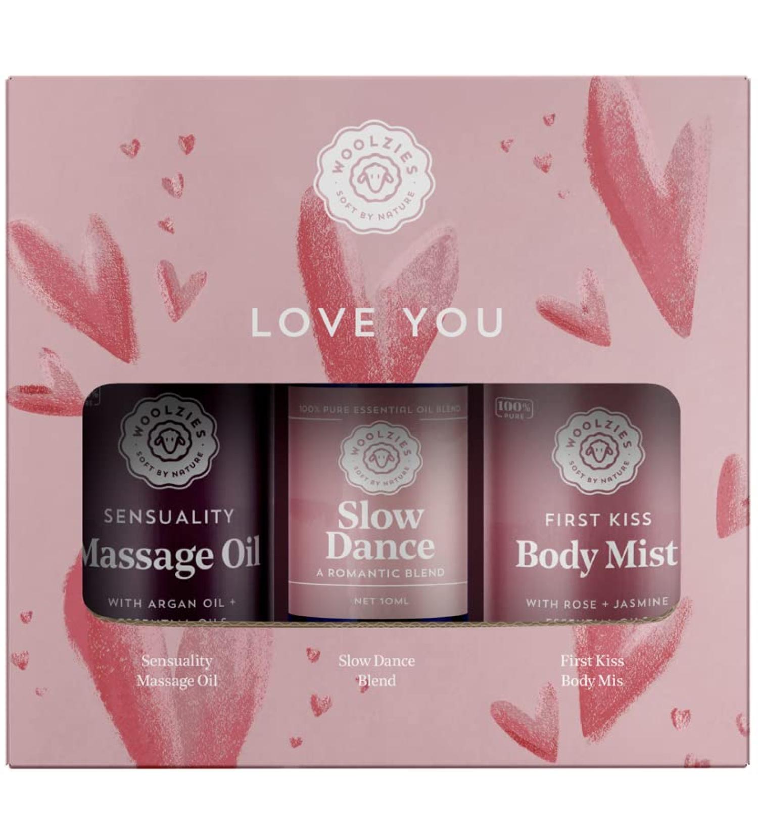 Love You Gift Set for Women Massage & Essential Oils | Includes Sensuality Massage Oil Slow Dance Romantic Essential Oil Blend & First Kiss Body Mist