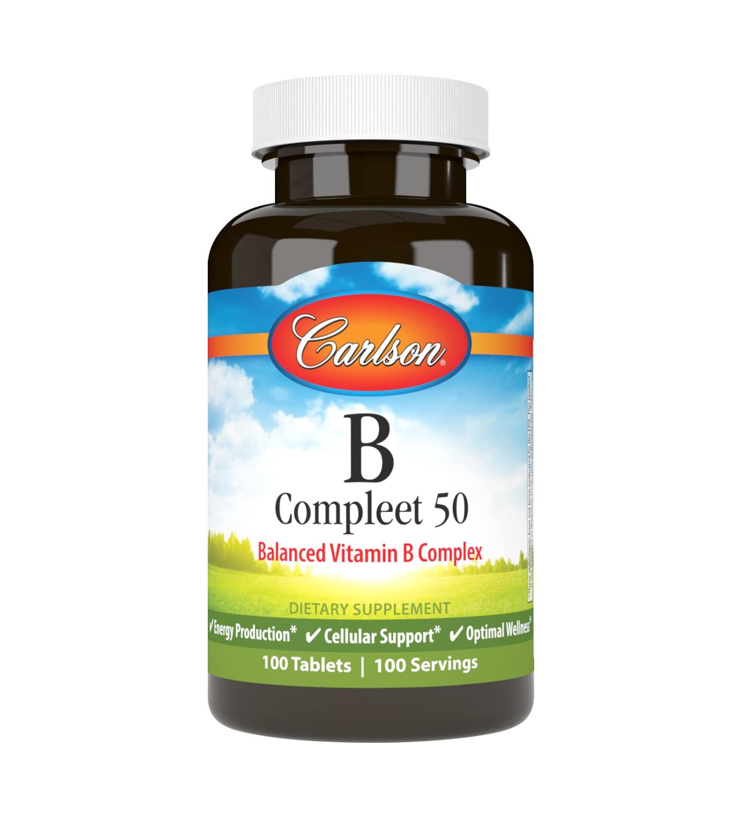 Carlson - B Compleet 50 Balanced Vitamin B Complex Energy Production Cellular Support & Optimal Wellness 100 Tablets - Buy Online on GoSupps.com