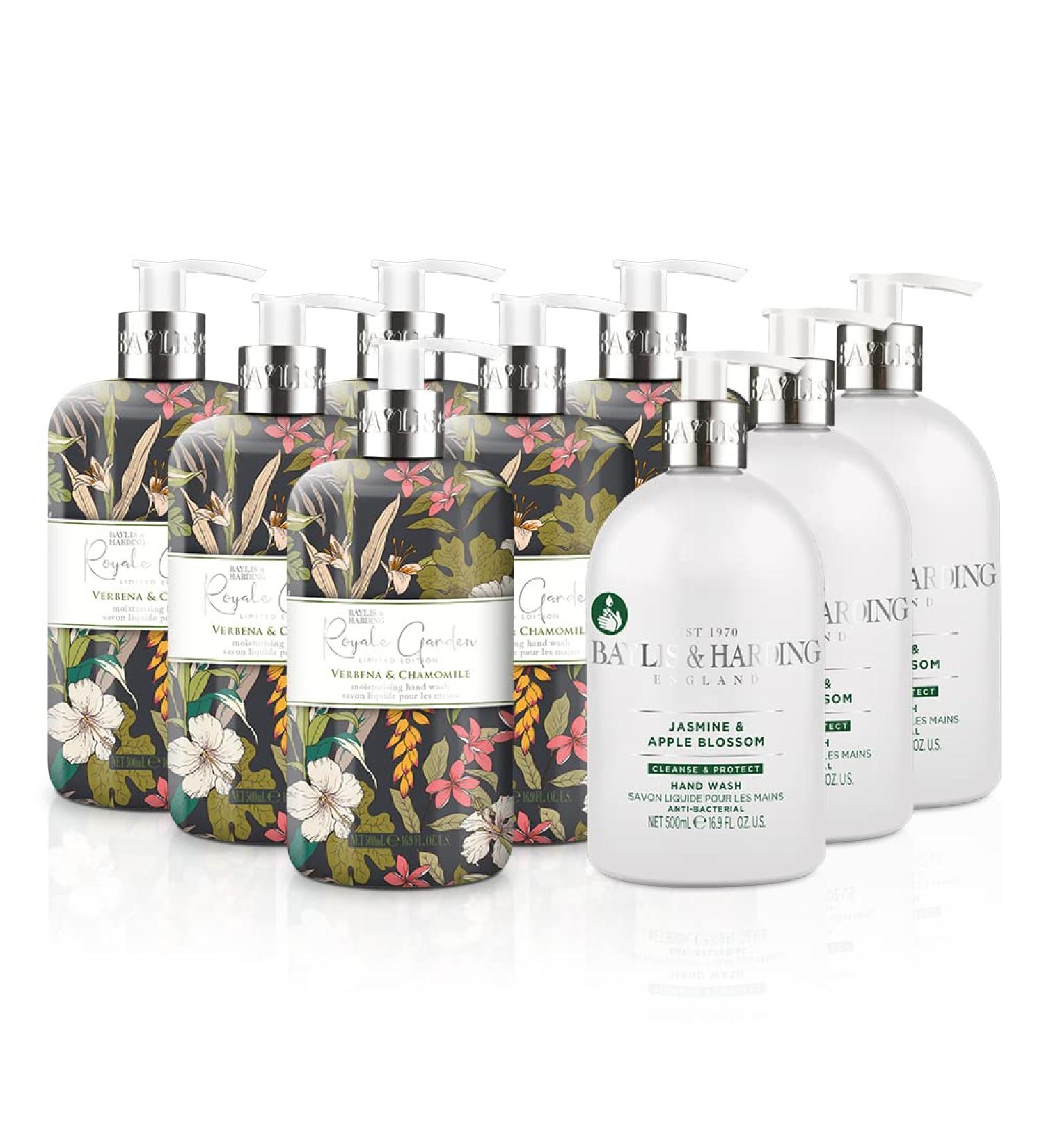 Baylis & Harding Hand Wash Bundle 6 x 500ml Royale Garden Limited Edition Verbena & Chamomile + 3 x 500ml Anti-Bacterial Jasmine & Apple Blossom - Vegan Friendly | 9 Bottles - Buy Online on GoSupps.com
