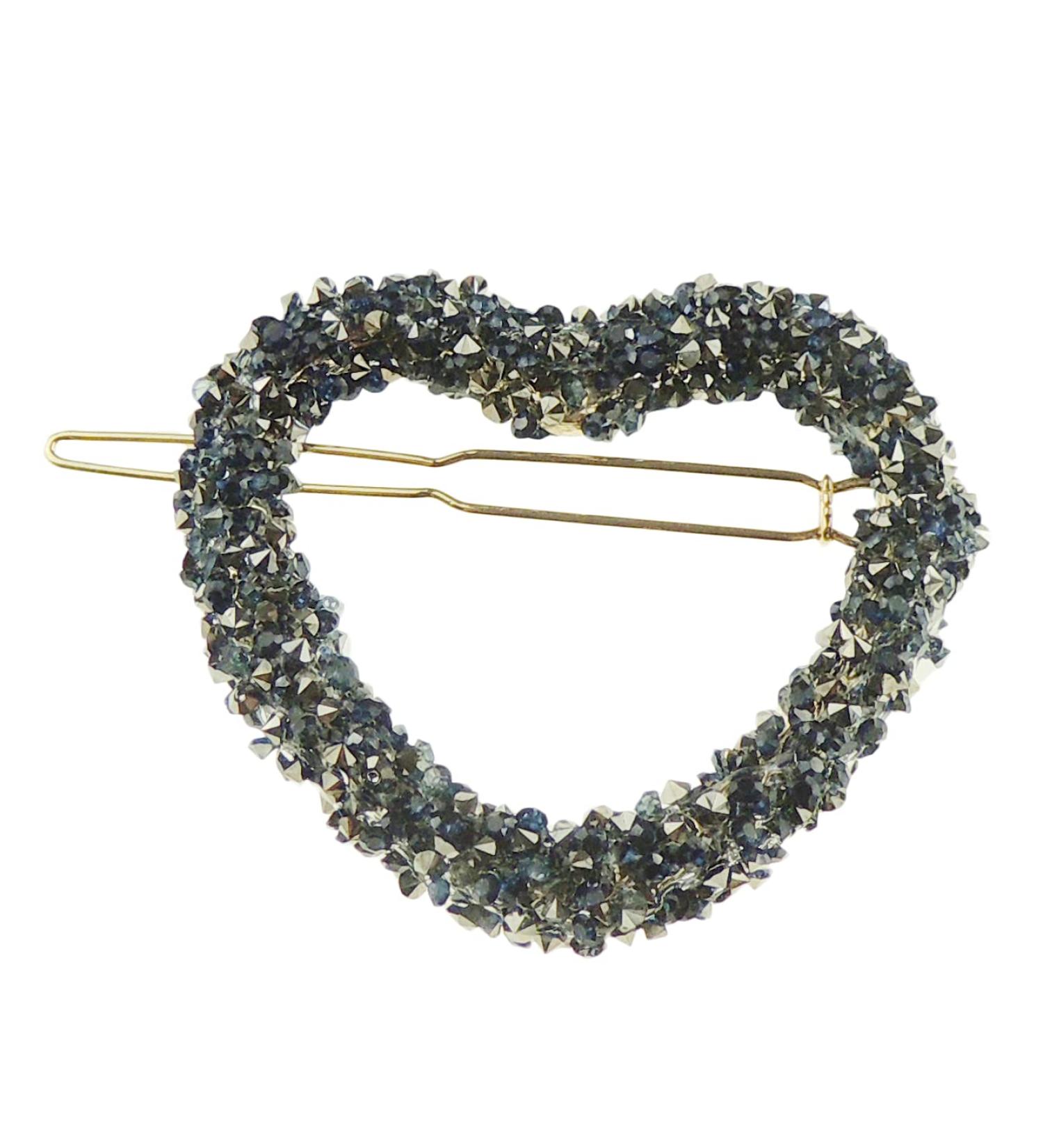 Ladies Girls Stencil Diamante Crystal Encrusted Hair Barrette Slide Clip Heart (Blue Grey)