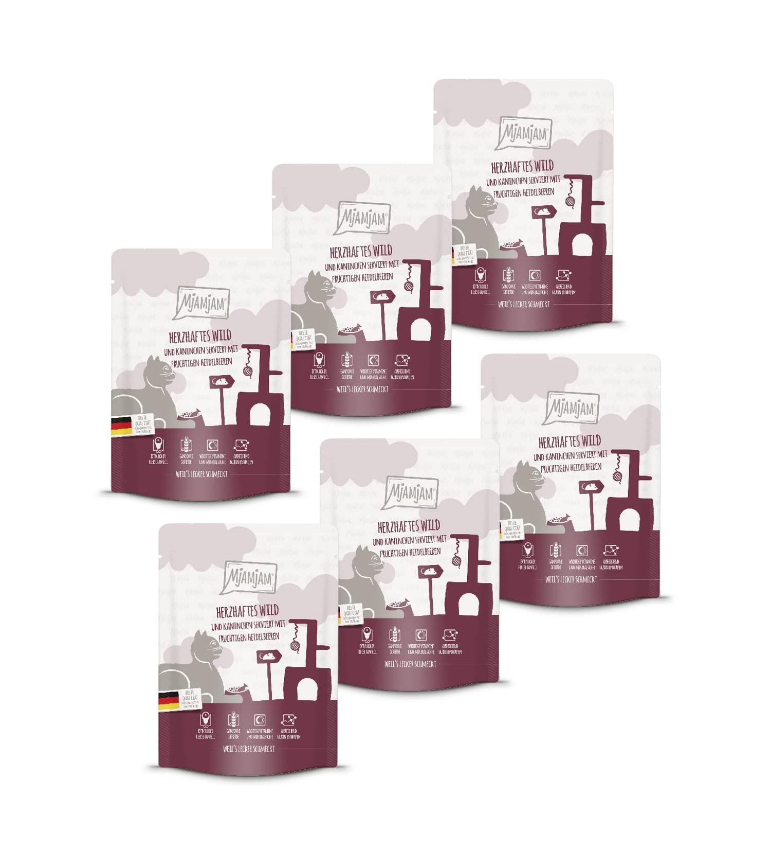 Mjamjam Premium Grain-Free Wet Cat Food - Hearty Wild & Rabbits with Blueberries - 6-Pack (6 x 300g) - Extra Meat Delights - Buy Online on GoSupps.com