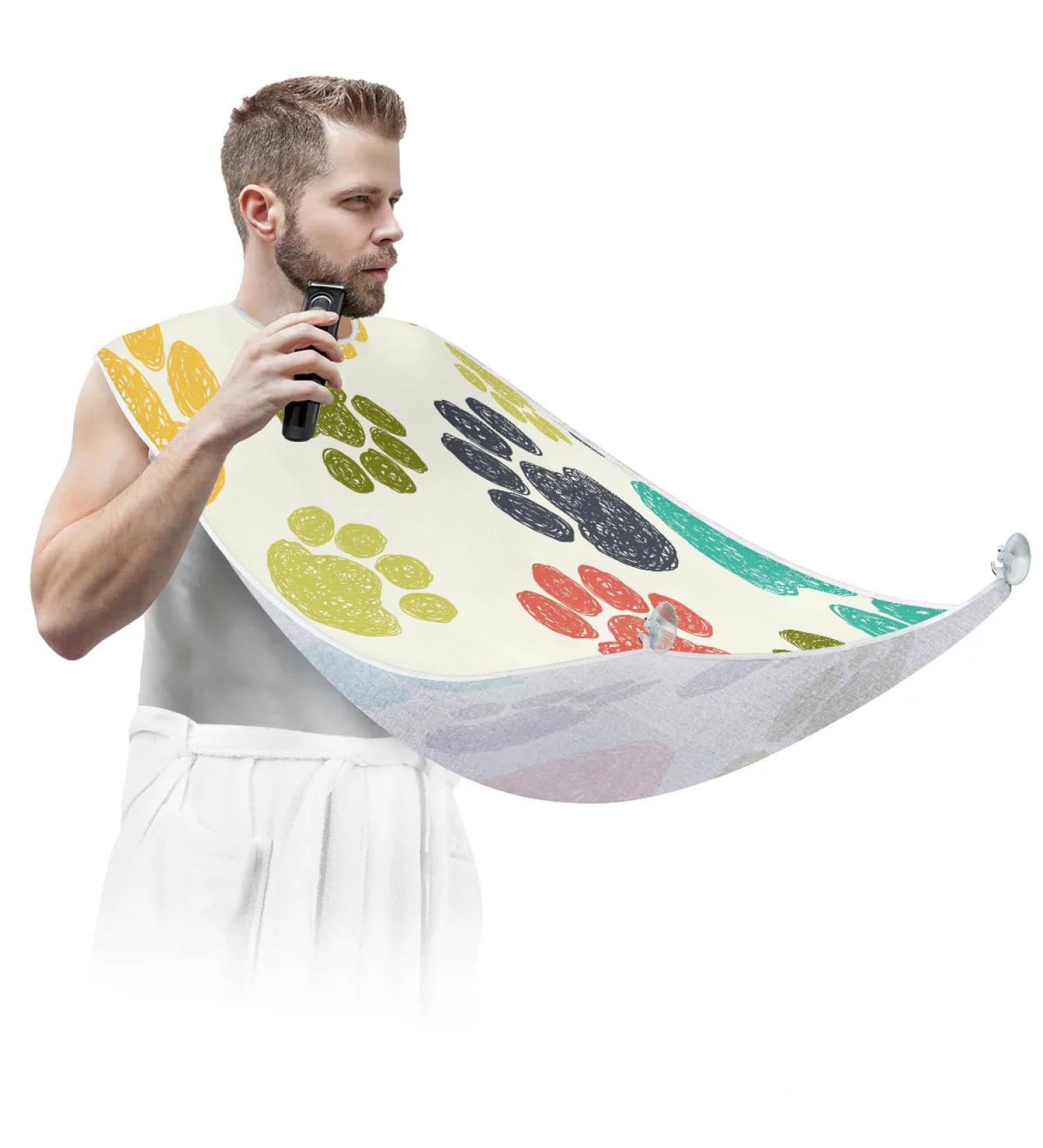 Colorful Dog Paws Print Beard Bib Apron | Waterproof Grooming Cape for Men | Hair Catcher & Trimming Aid | Perfect Gift for Dog Lovers - Buy Online on GoSupps.com