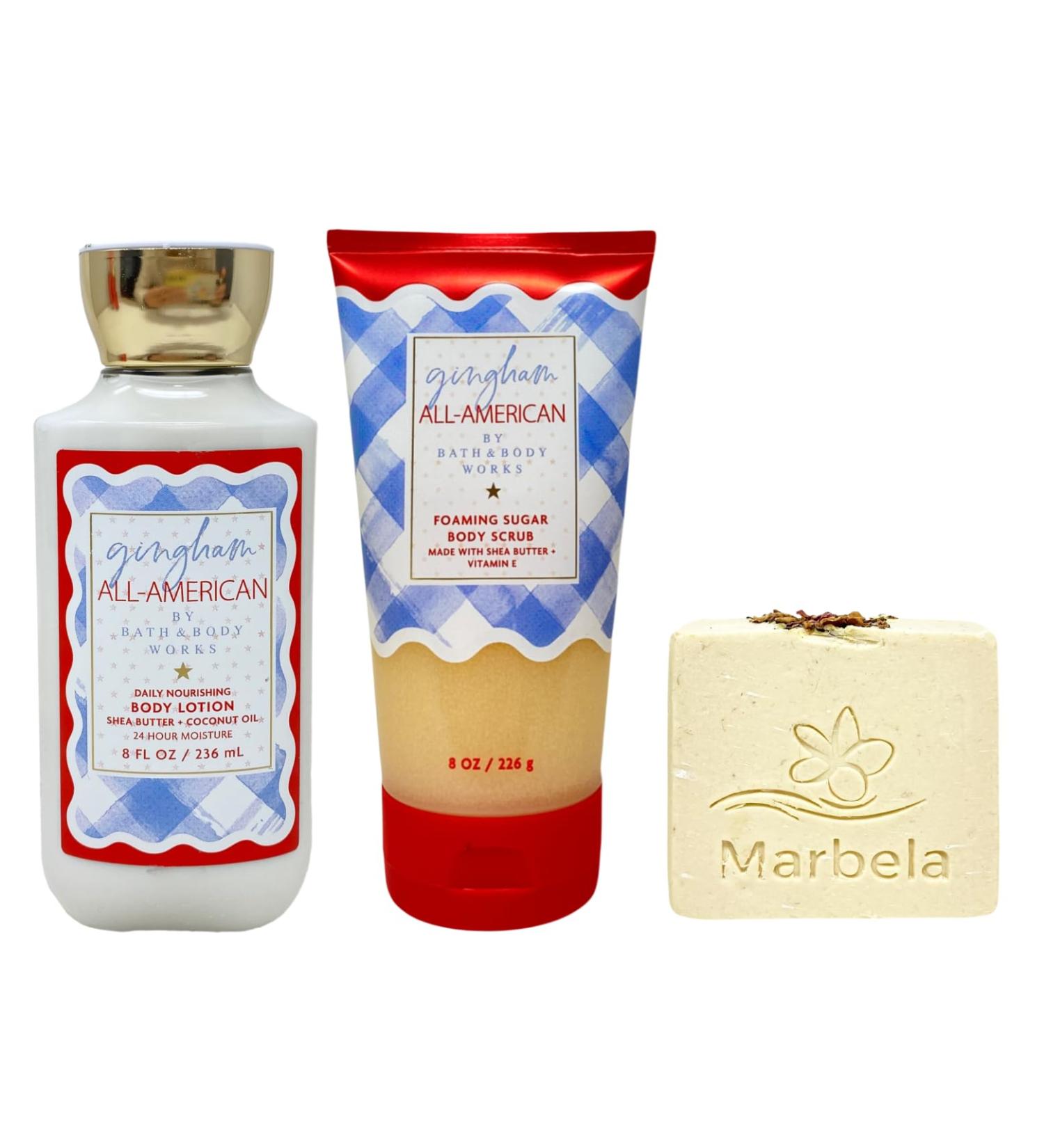 Bath & Body Works Gingham All-American Daily Nourishing Body Lotion and Foaming Sugar Body Scrub with a Creamy Rose Bar Soap - Buy Online on GoSupps.com