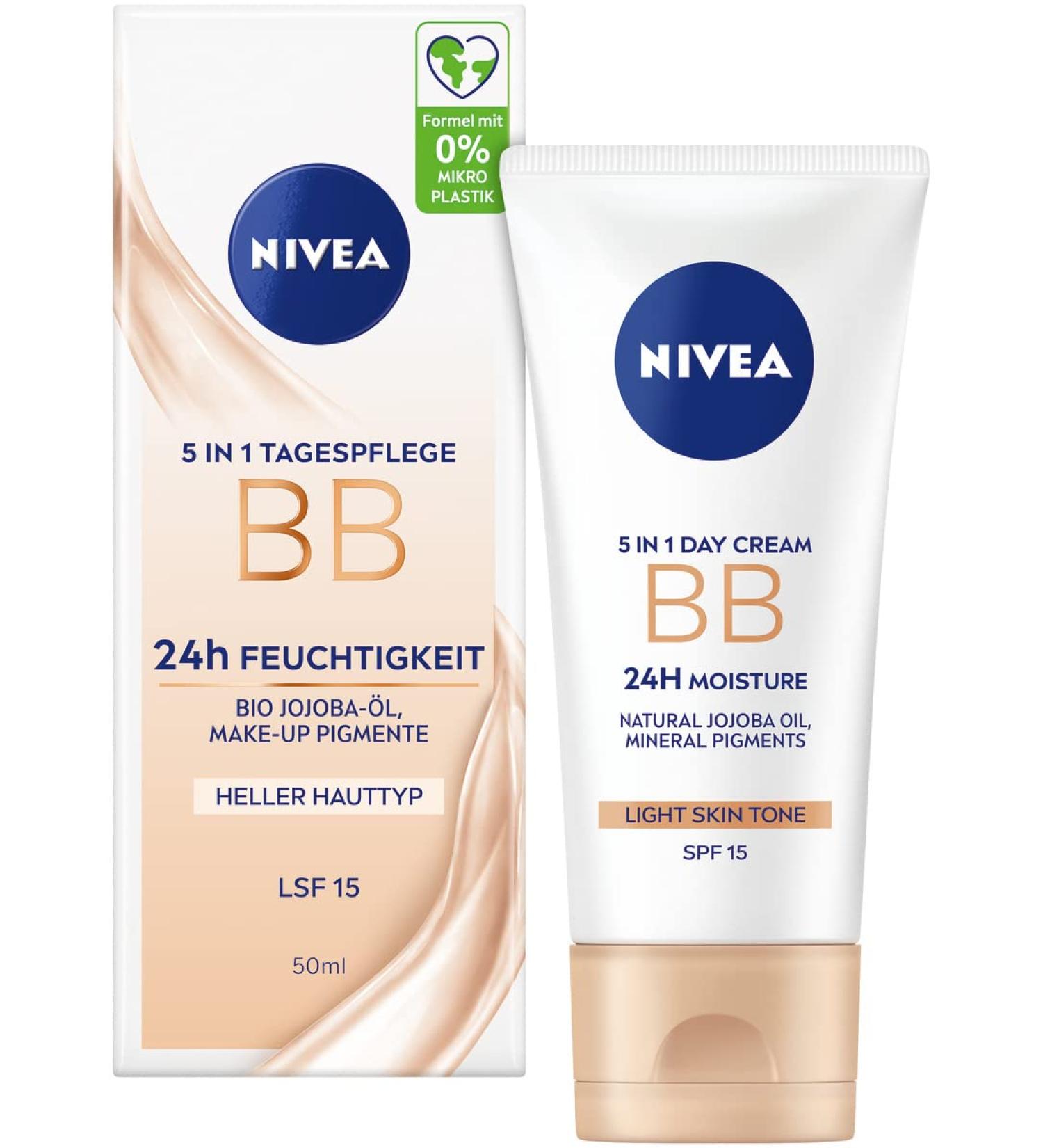 Nivea 5 in 1 Day Care BB Cream SPF 15 - Tinted Moisturizer for Light Skin with Organic Jojoba Oil | 24h Hydration & Makeup Pigments - Buy Online on GoSupps.com