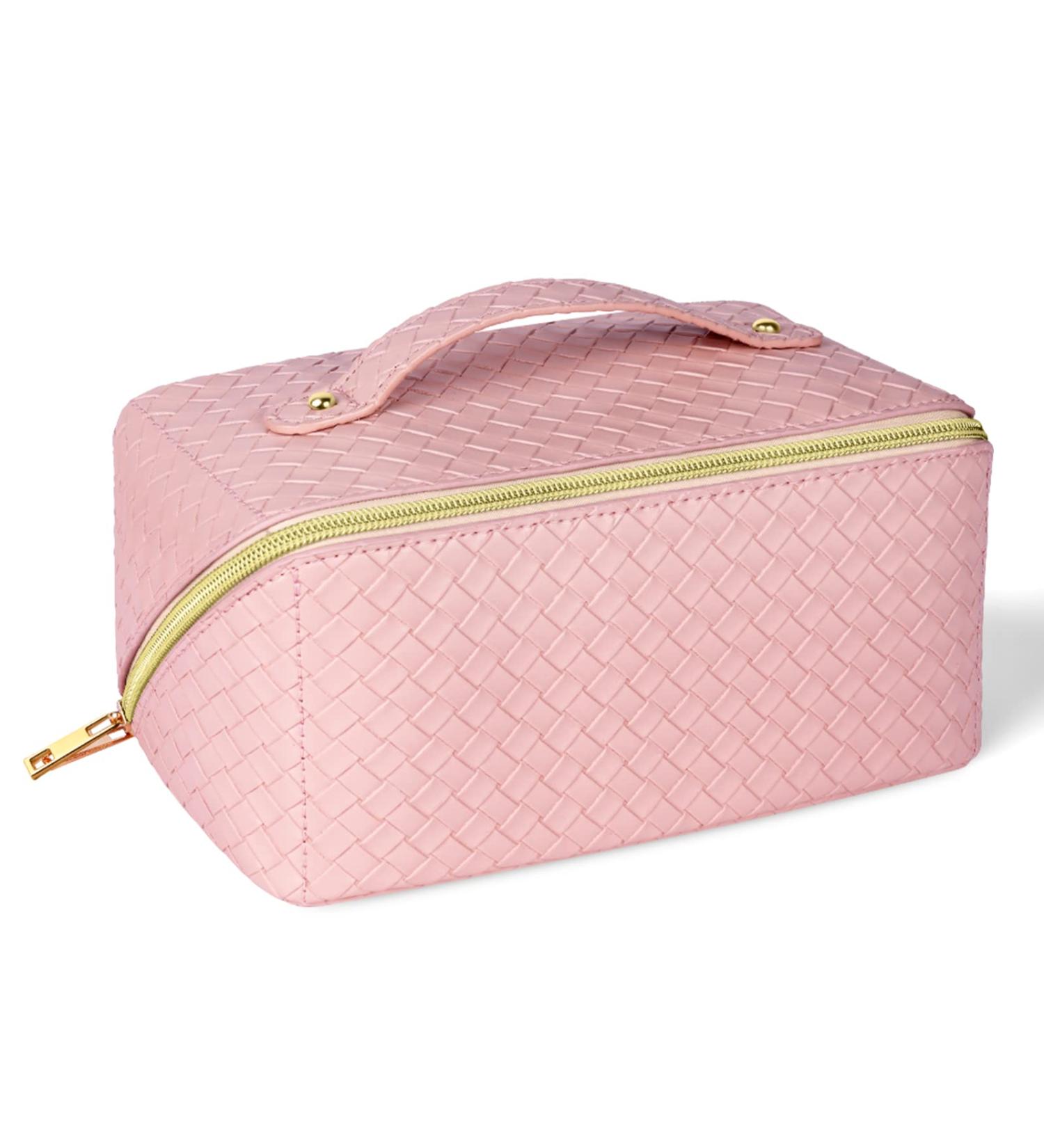 Aucuu Large Capacity Pink PU Leather Travel Cosmetic Bag for Women - Waterproof Makeup Organizer with Handle for Girls - Portable Layered Storage - #11 - Buy Online on GoSupps.com