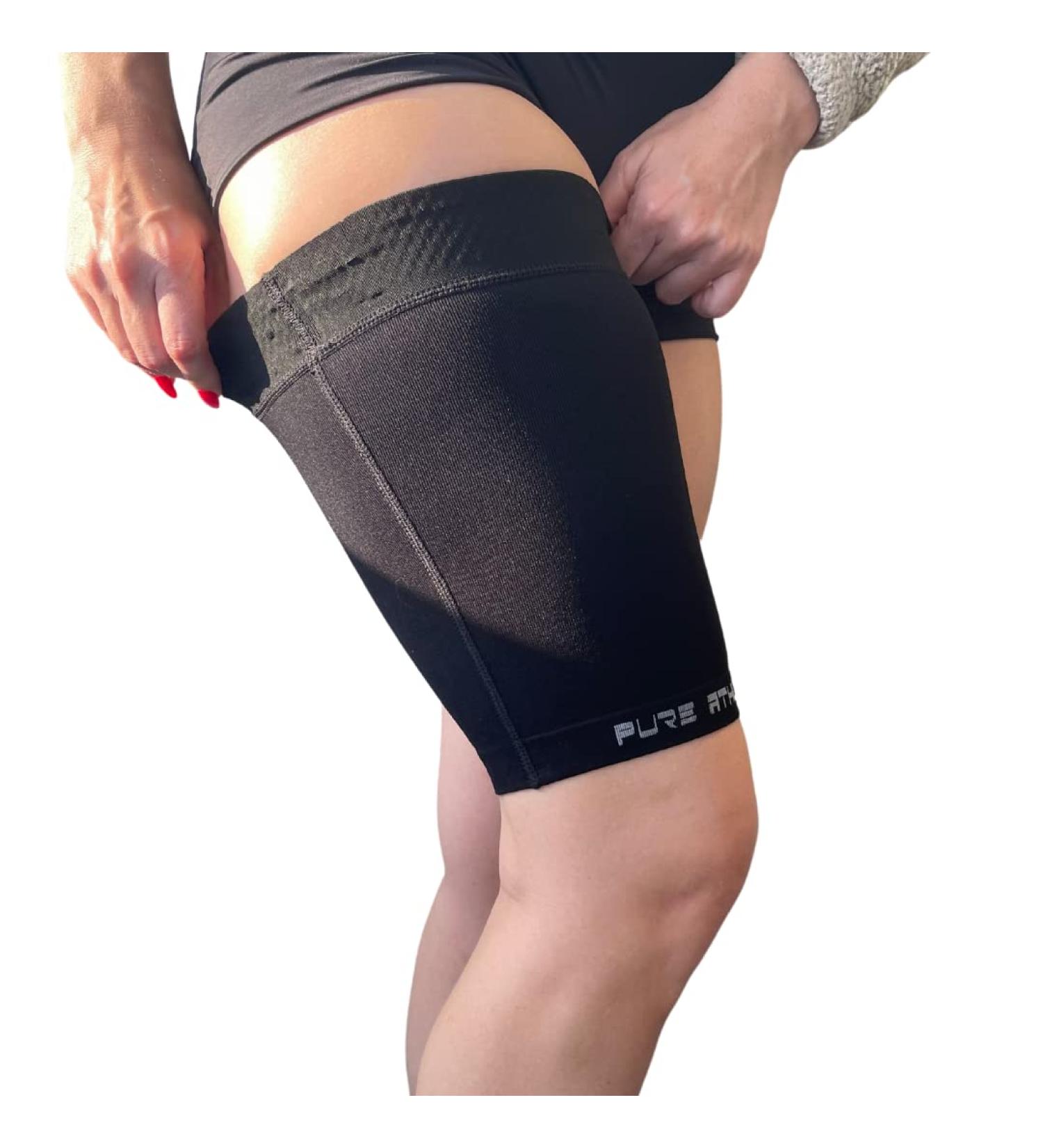 Thigh Compression Sleeve for Hamstring & Groin Support - Best Athletic Sleeve for Running Basketball Soccer - Midnight Black Medium - Buy Online on GoSupps.com