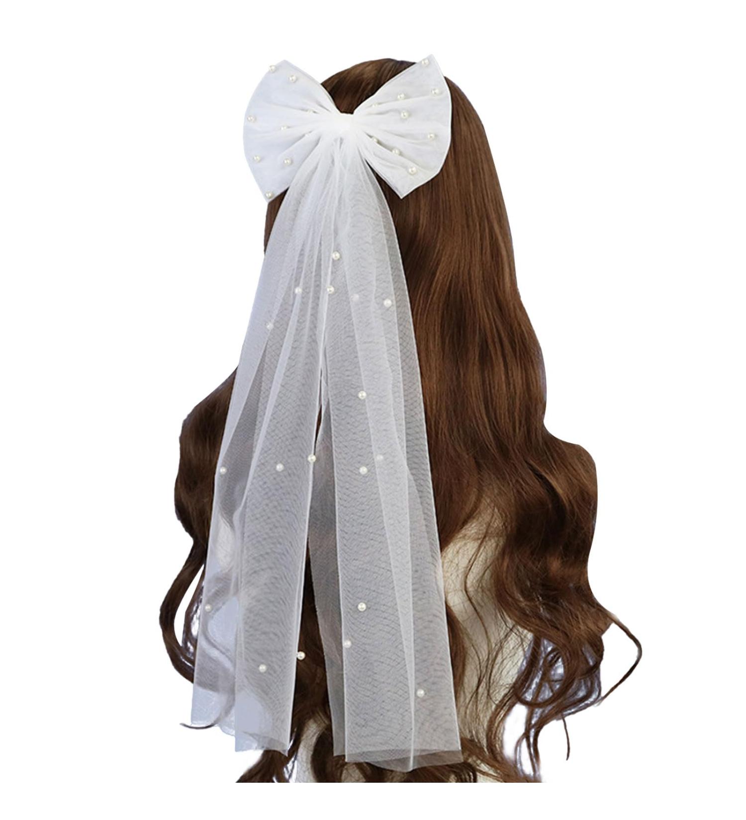 NICENEEDED White Mesh Bridal Hair Bow Clips Pearl Bowknot Bride Veil Hair Barrettes Wedding Tulle Hair Jewelry Clip for Bridesmaid Flower Girl Hair Decoration - Buy Online on GoSupps.com