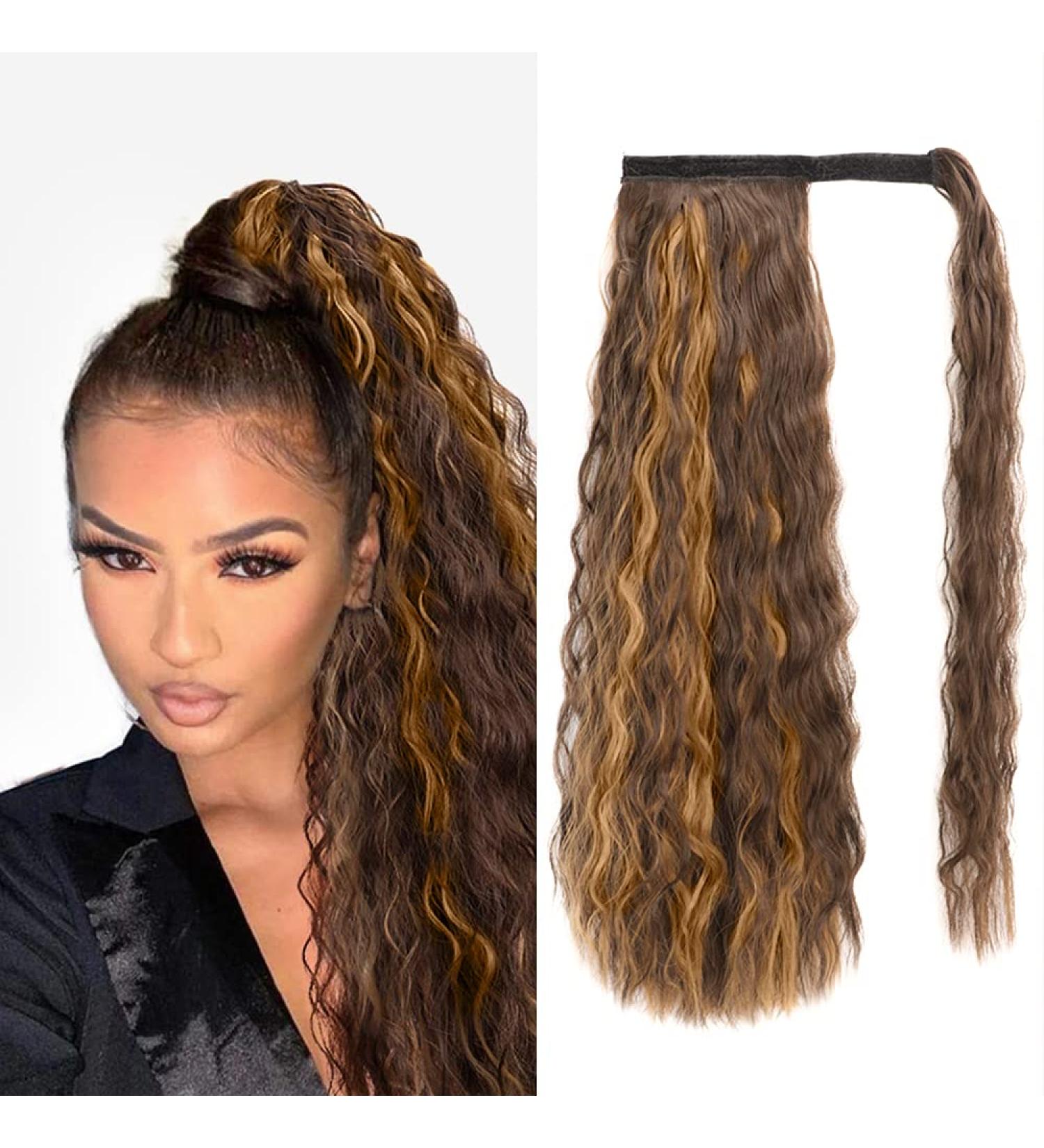 22 Corn Wave Magic Paste Ponytail Extension | Long Wavy Curly Hair Fluffy Pony Tail 22 Inch | Mixed Dark Brown Gold# | Pack of 1 - Buy Online on GoSupps.com