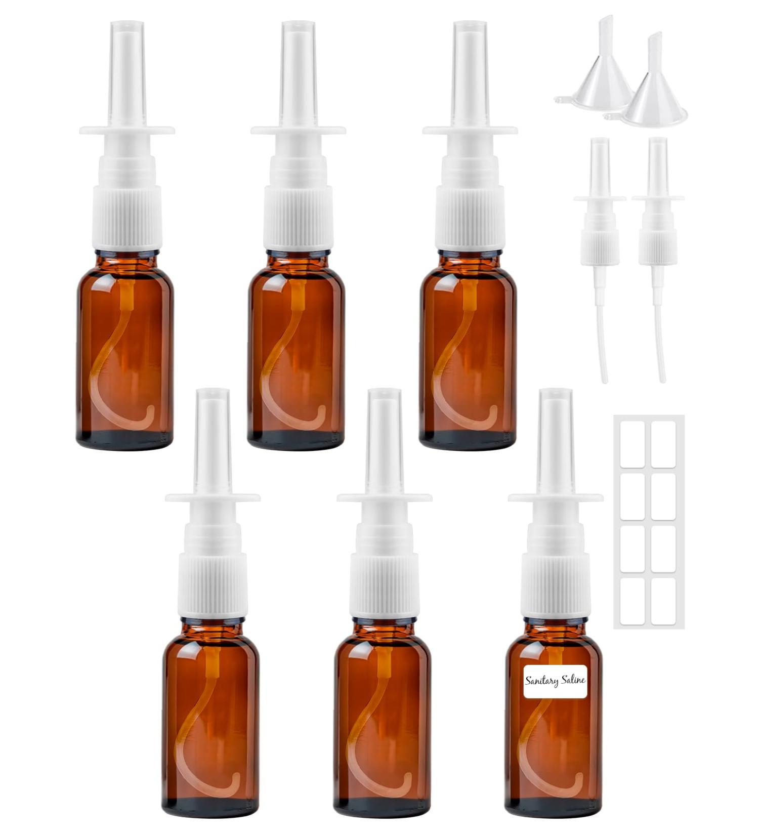Furuising 6-Pack 20ml Glass Nasal Spray Bottles - Reusable Brown Empty Bottles with Labels & Nozzles for Perfume Essential Oils & Saline Solution - Buy Online on GoSupps.com