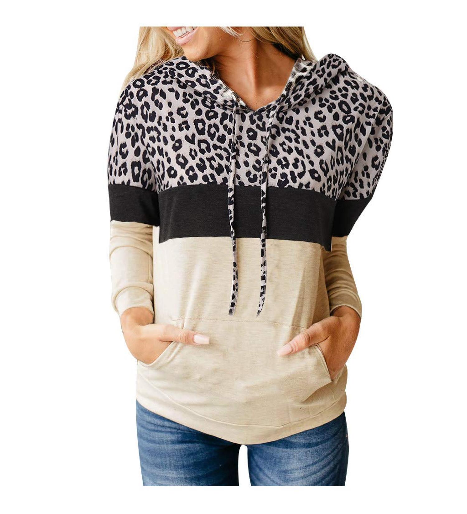 Bigfanshu Woman Plus Size Tops Casual Long Sleeve Hooded Printed Leopard Top Blouse Sweatshirt Sweater Beige - Buy Online on GoSupps.com
