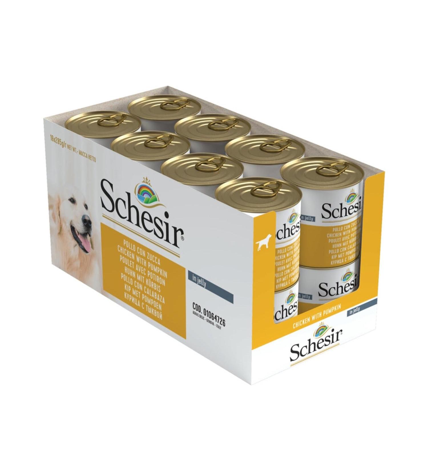 Schesir Wet Food for Adult Dogs with Chicken and Pumpkin Flavor Fillets in Soft Jelly - Total 4.56 kg (16 cans of 285G) - Buy Online on GoSupps.com