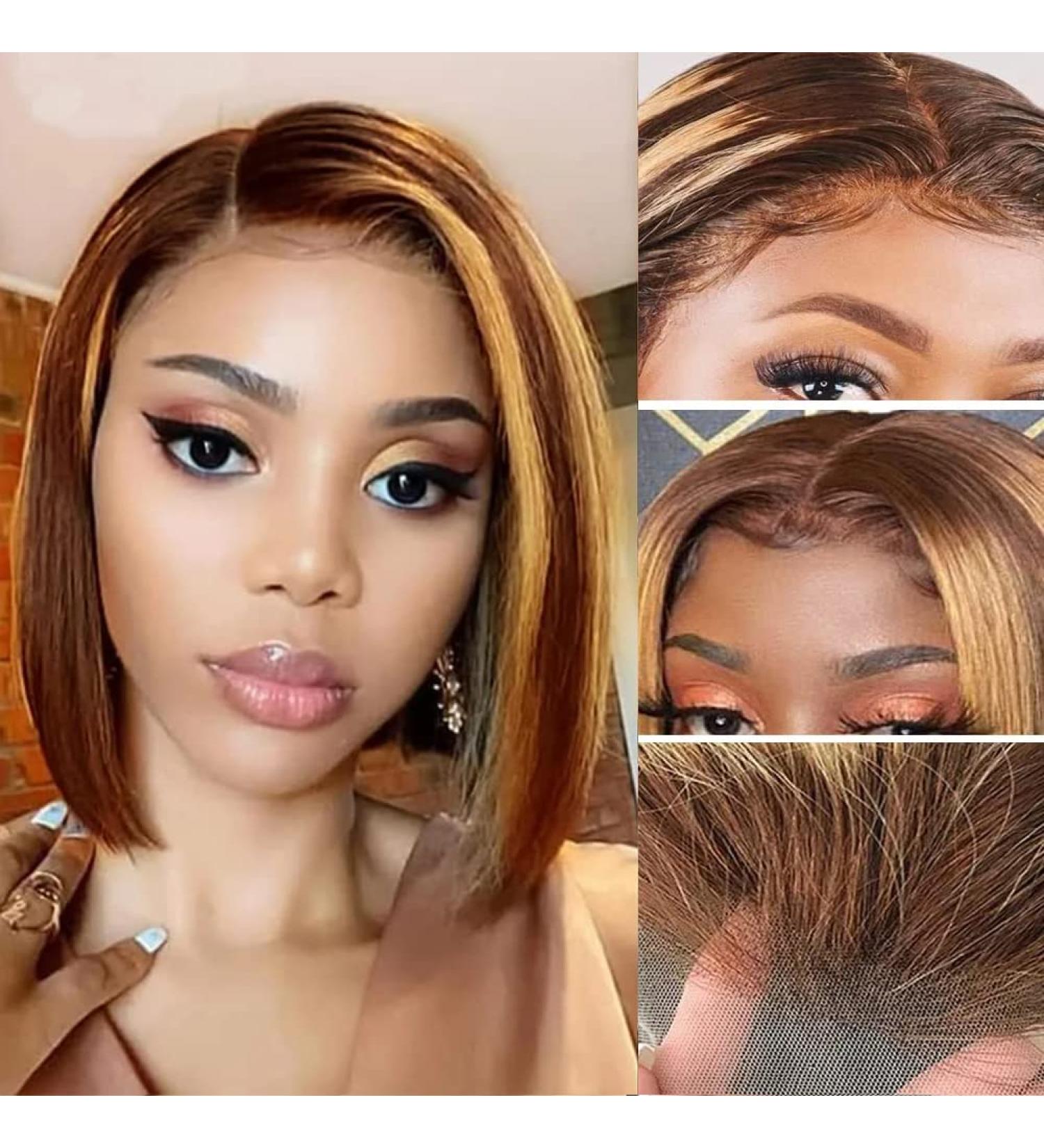 10 180% Density Highlight Ombre Bob Human Hair Wig P4/27 - HD Lace Frontal Pre Plucked - Blonde Front Wigs for Black Women - Buy Online on GoSupps.com