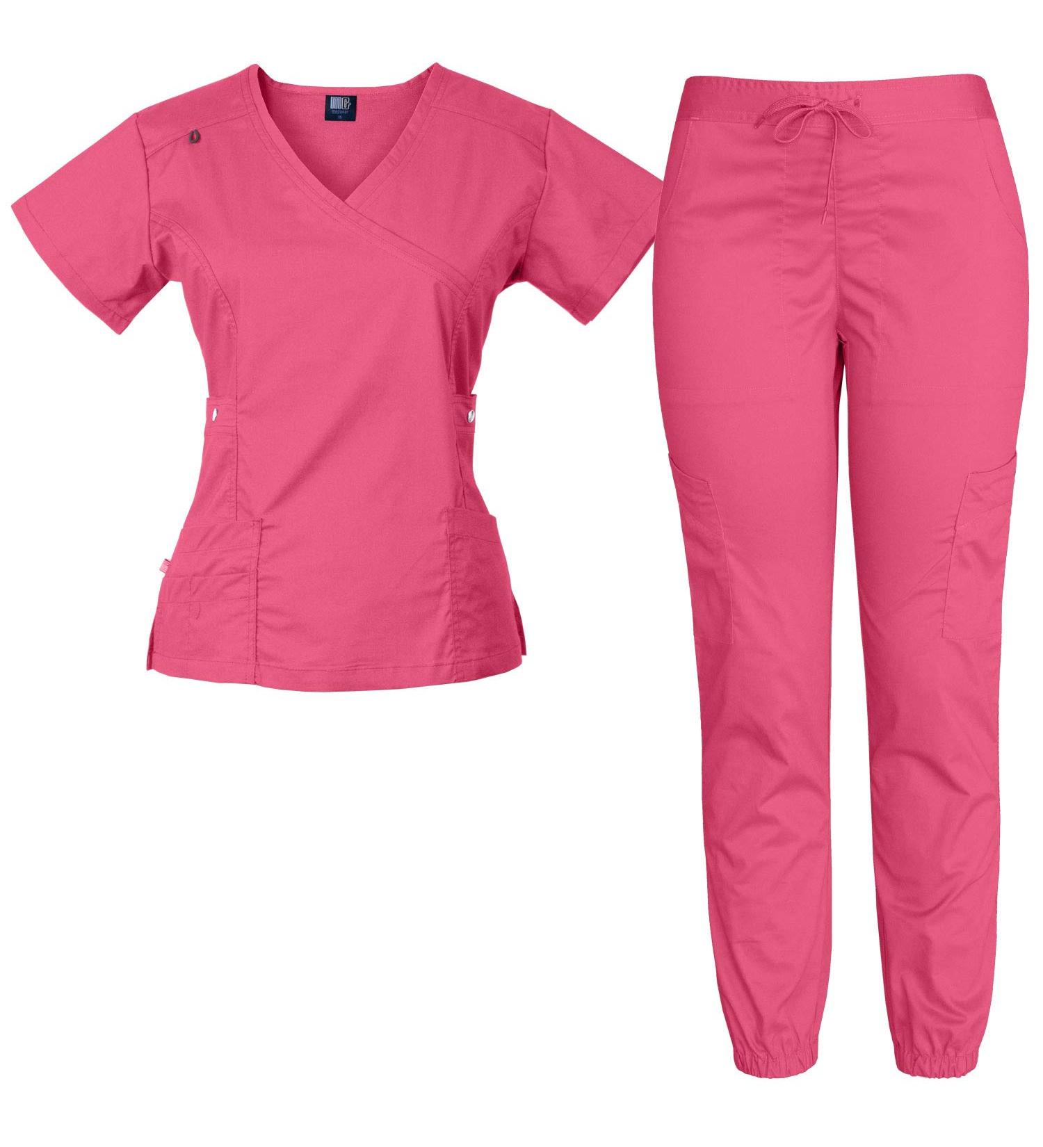 Medgear Women's 12-Pocket Stretch Jogger Scrub Set - Azalea Pink (Large) - Buy Online on GoSupps.com