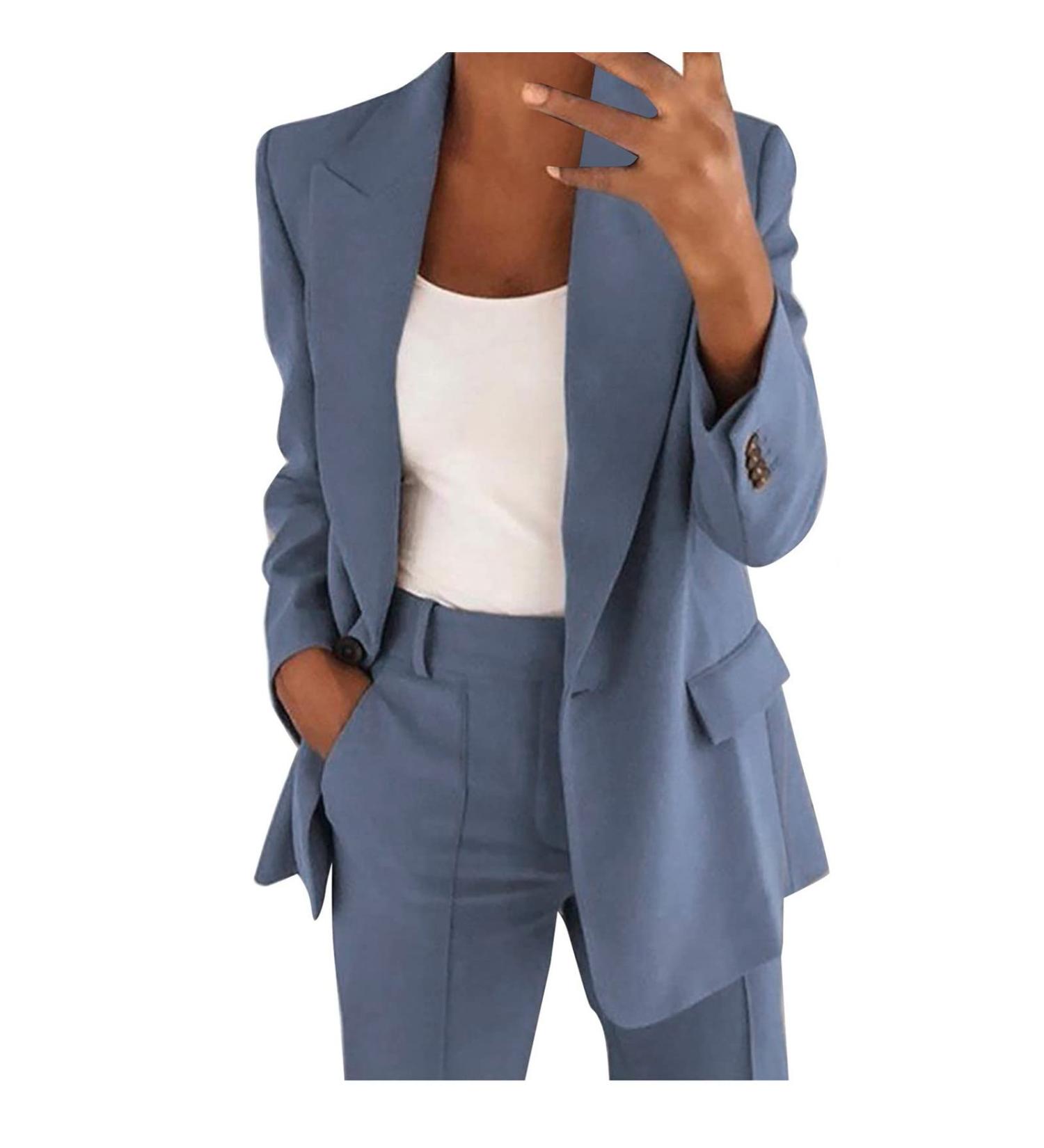 Women 2 Piece Casual Outfit Classic Notched Lapel Double Breasted Blazers Jackets Straight Leg Trouser Pants Suit Sets 1738-sasnx-blue#2 L - Buy Online on GoSupps.com