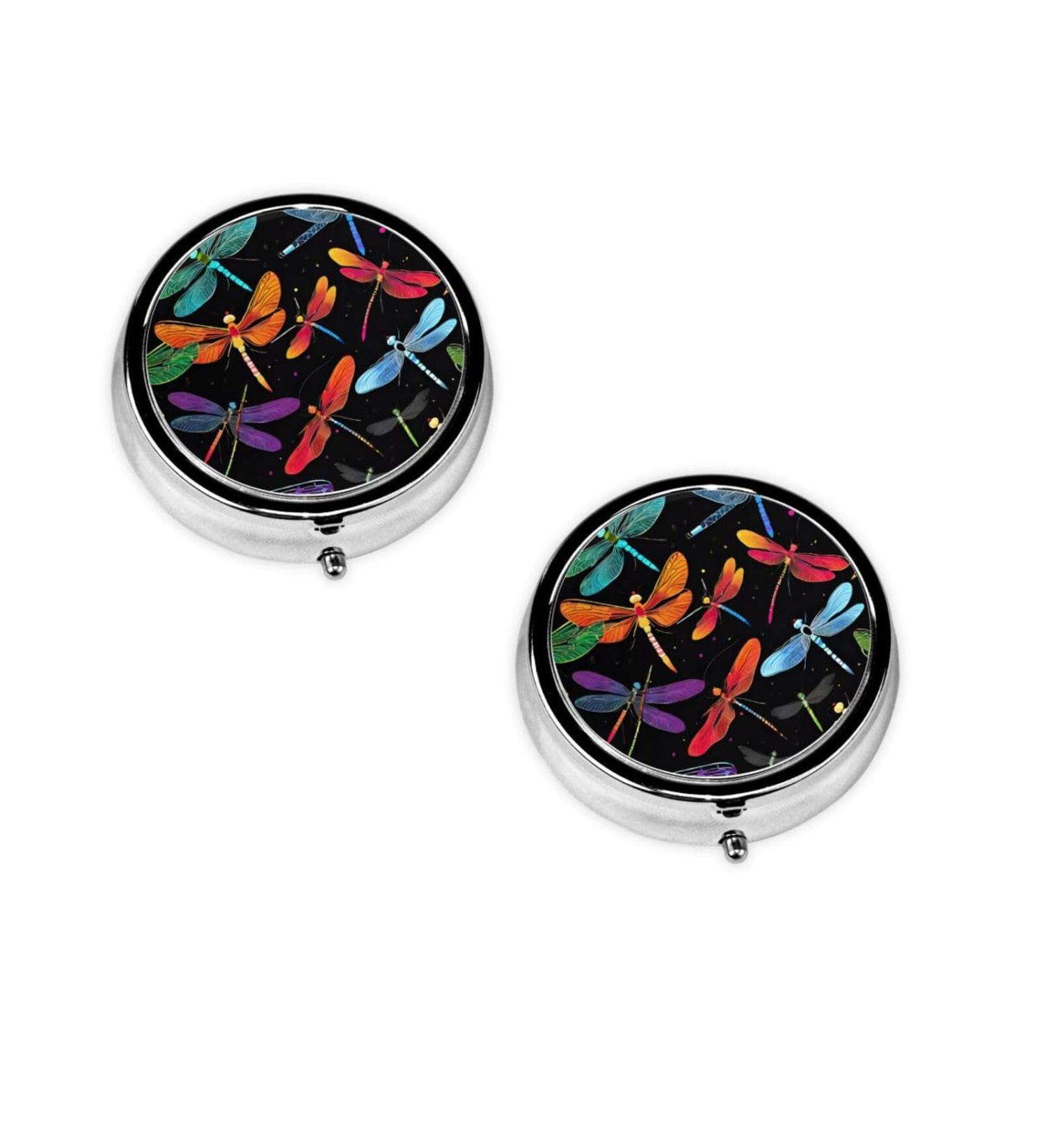 Cute Dragonfly Printed Mini Round Pill Box | 3 Compartment Medicine Organizer | Portable Travel Pill Case for Home & Office - Buy Online on GoSupps.com