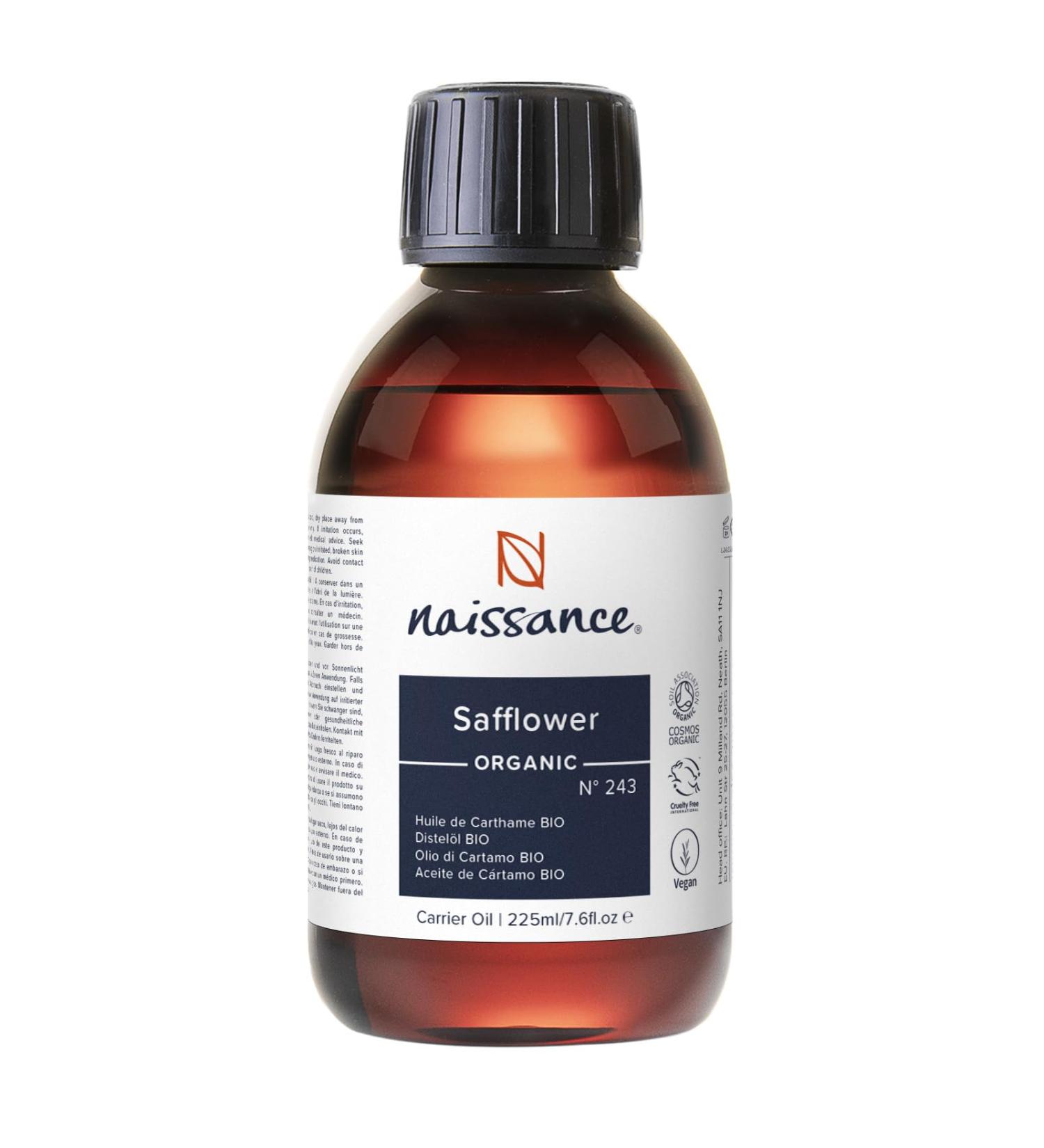 Naissance Certified Organic Safflower Vegetable Oil (No. 243) - 225 ml - Natural Moisturizing & Nourishing - for Hair Face and Beauty Recipes - Buy Online on GoSupps.com
