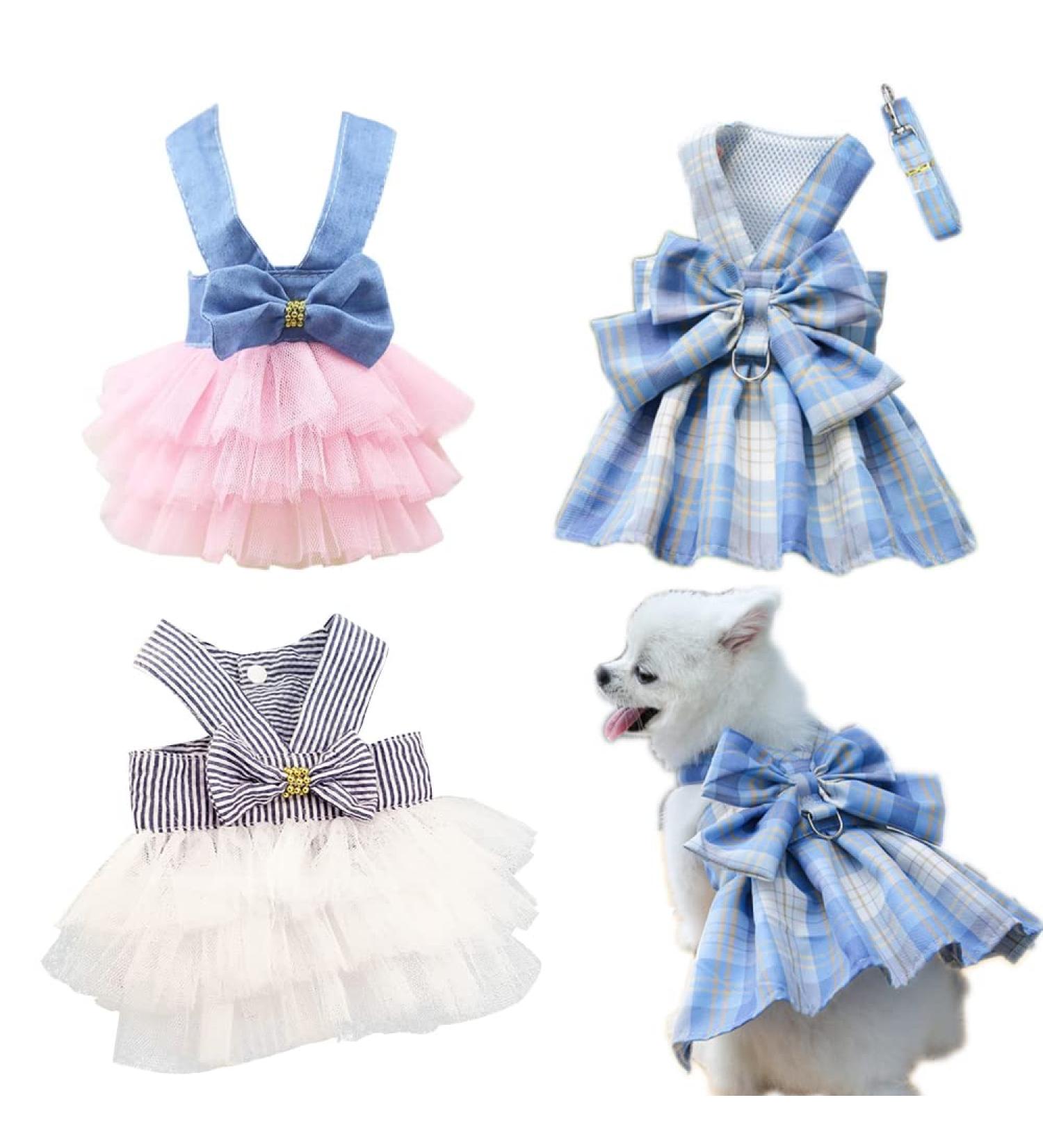 Clopon Dog Dress for Summer | Cute Small Dog Harness Costume | Tutu Dress for Puppy | S 3PCS (Small - 4-6lbs) - Buy Online on GoSupps.com