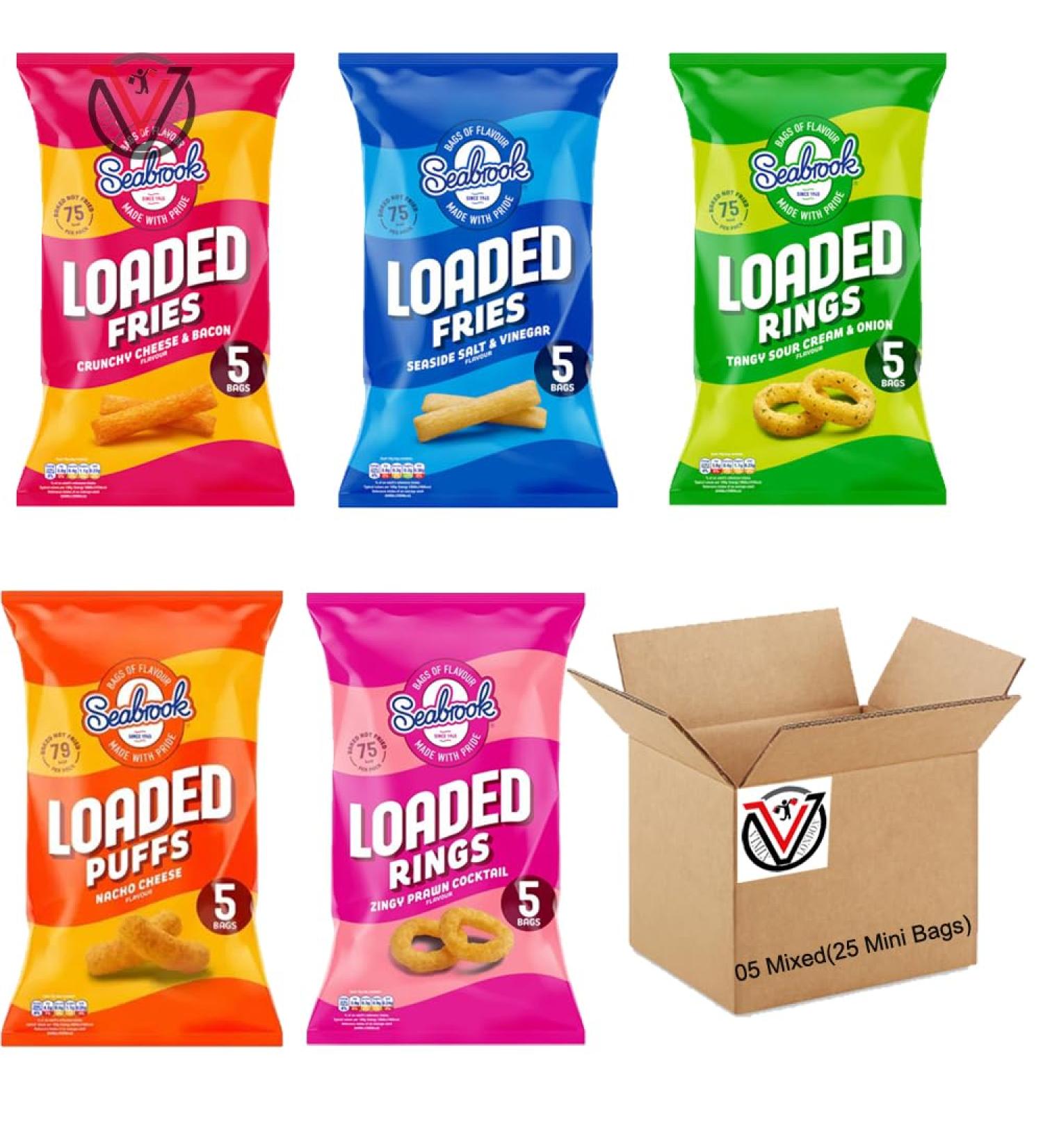 Sea brok Salt & Vinegar Cream & Onion Cheese & Bacon Nacho Cheese & Prawn Cocktail Loaded Rings Fries & Puffs Crisps 5 pack - 5 Mixed Bags(25 Mini Bags) | VIMIX - Buy Online on GoSupps.com