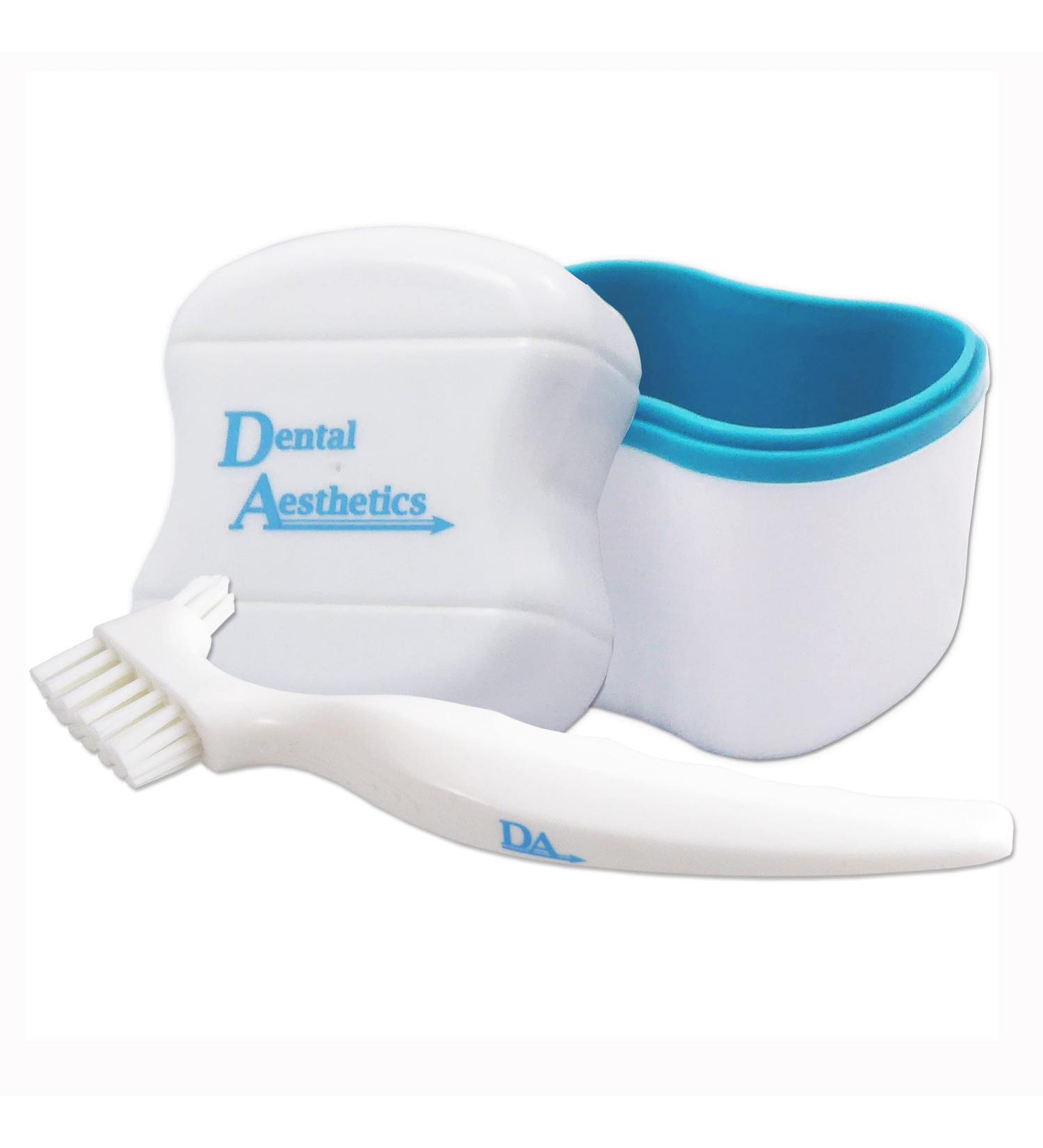 Denture Bath with Double Bristle Brush - Blue Soaking Container for Dentures - Buy Online on GoSupps.com