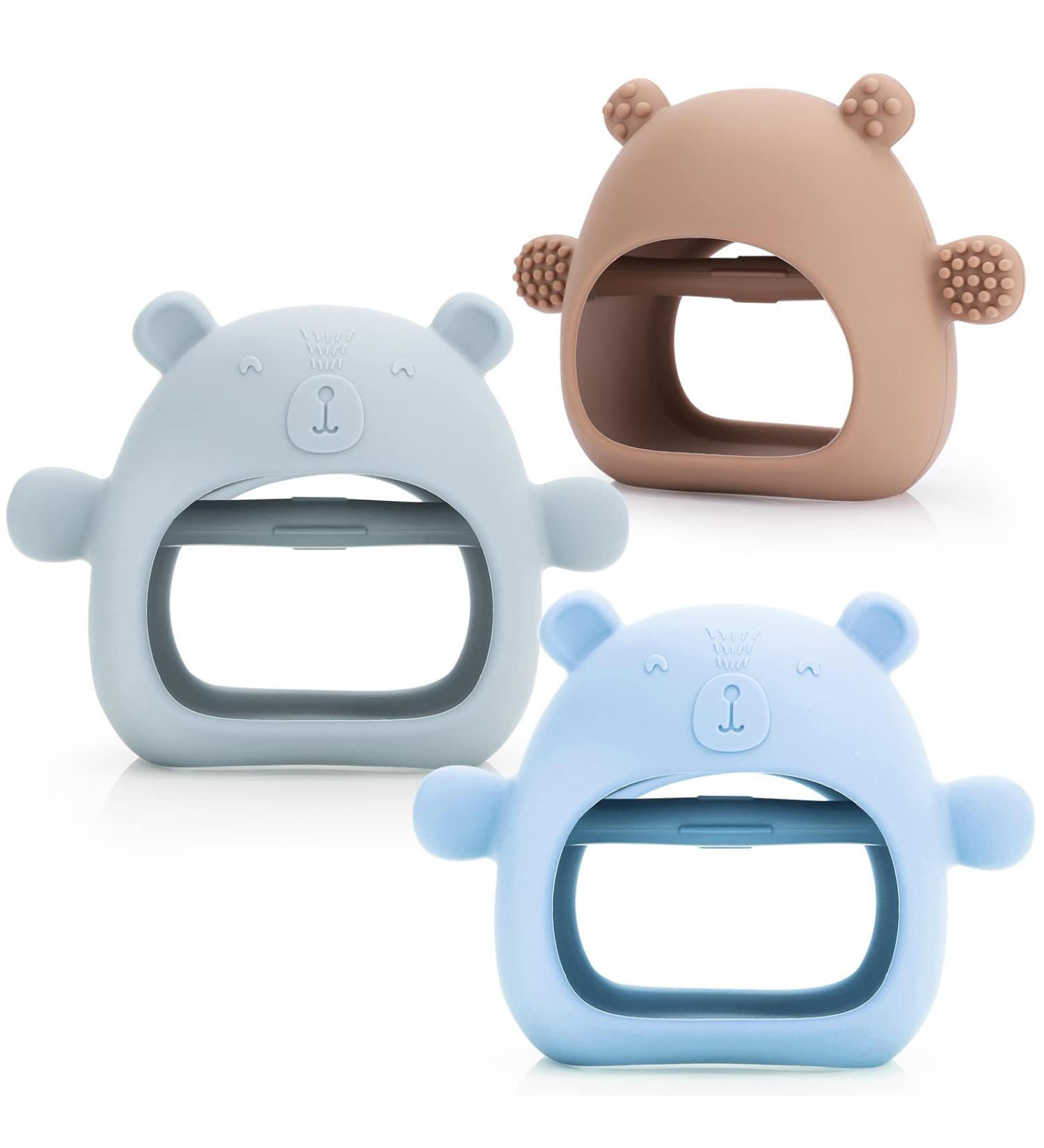 Baby Teether Toy for Infants 3+ Months, Bear BPA Free Silicone Mitten Teething Toy - Pain Relief & Sucking Needs (Blue/Brown/Green) - Buy Online on GoSupps.com