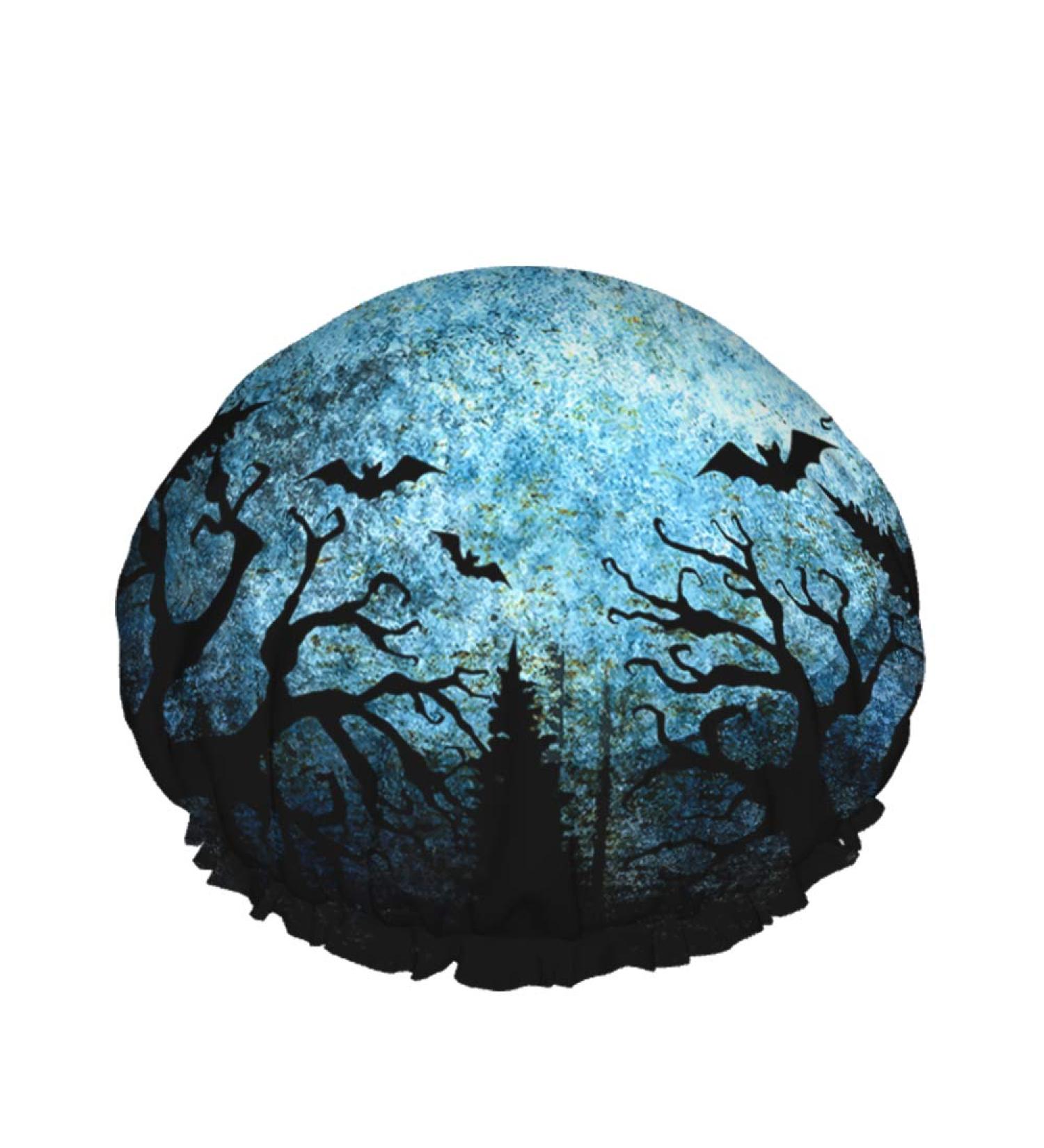 Moslion Blue Teal Gray Moon Shower Cap | Halloween Night Spider Web Bats | Spooky Forest Tree Hair Cover for Women | Reusable Large Bath Cap - Buy Online on GoSupps.com
