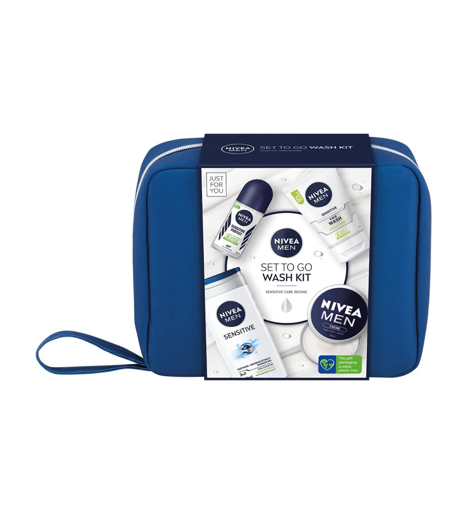 NIVEA MEN Set To Go Wash Kit Gift Set (5 Pieces) - Shower Gel, Face Wash, Roll-On, Moisturising Cream & Wash Bag - Buy Online on GoSupps.com