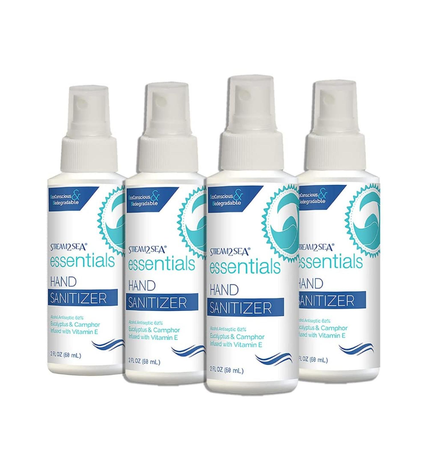 Stream2Sea Antibacterial Hand Sanitizer Spray - 2 Fl Oz Travel Size (Pack of 4) | Paraben Free, Moisturizing with Vitamin E | Eucalyptus & Camphor Infused | USA Made Eco Friendly Antiseptic - Buy Online on GoSupps.com