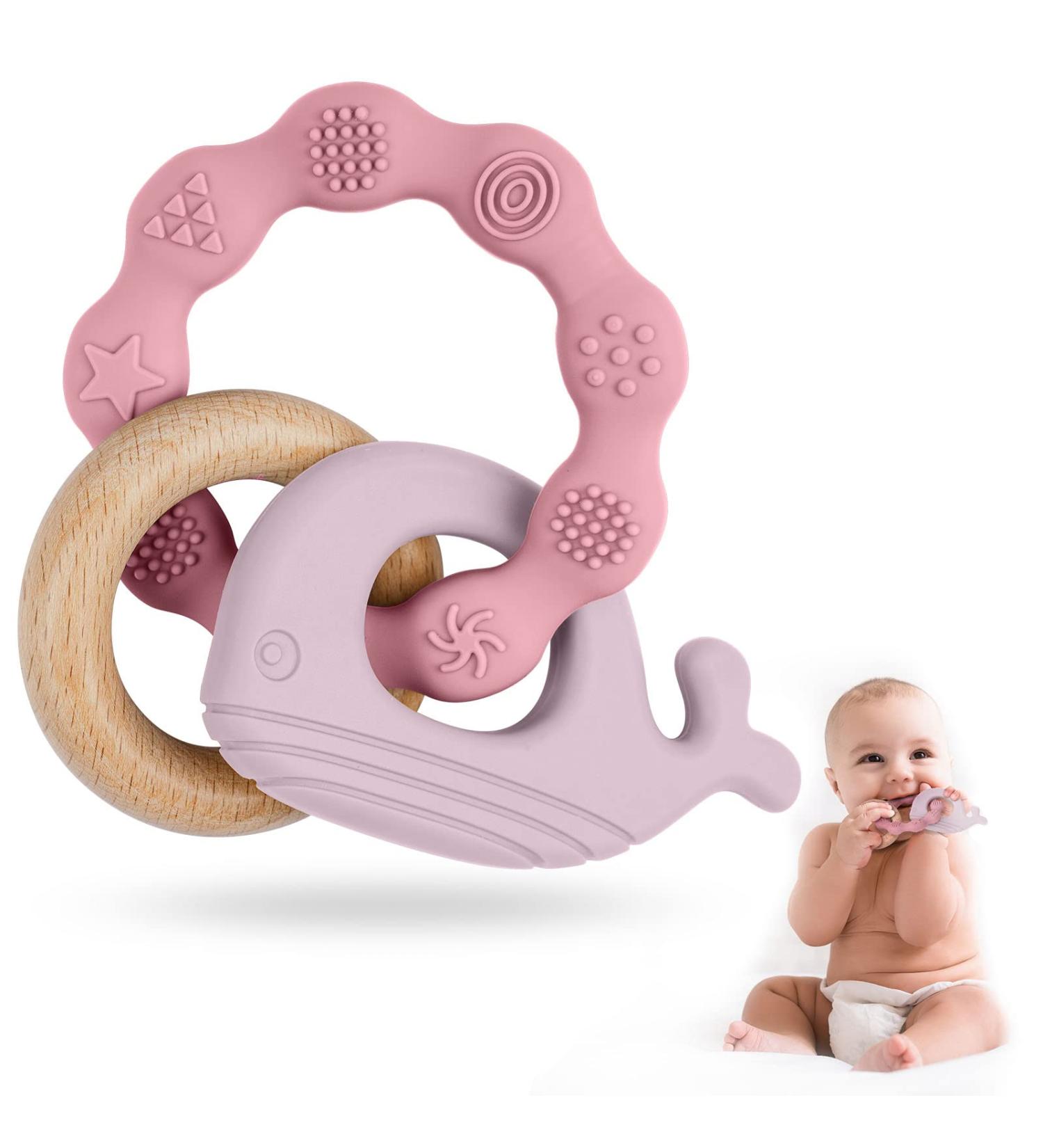 Vicloon Pink Whale Baby Teether Toy | Silicone & Natural Wood Teether Ring for Babies 3 Months+ | Chewable Teething Toy for Newborn Gift - Buy Online on GoSupps.com